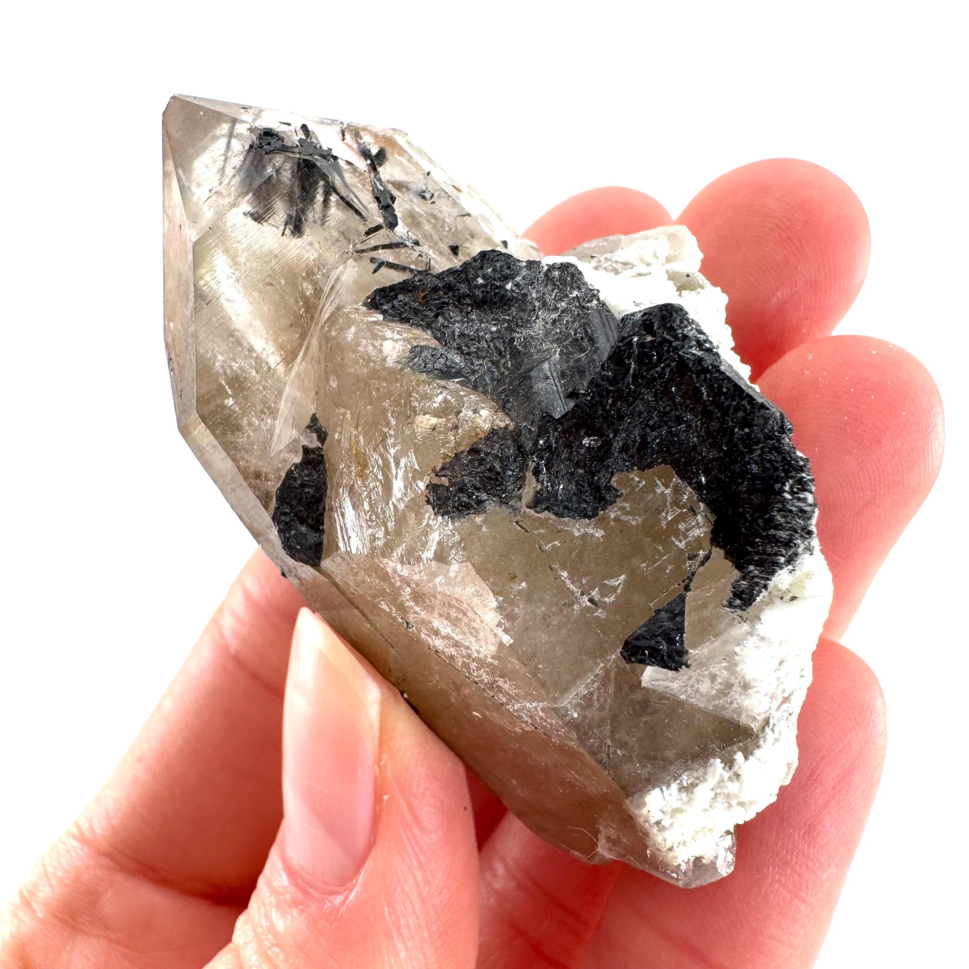 Black Tourmaline on Smoky Quartz | schorl crystal cluster, mineral specimen from Namibia