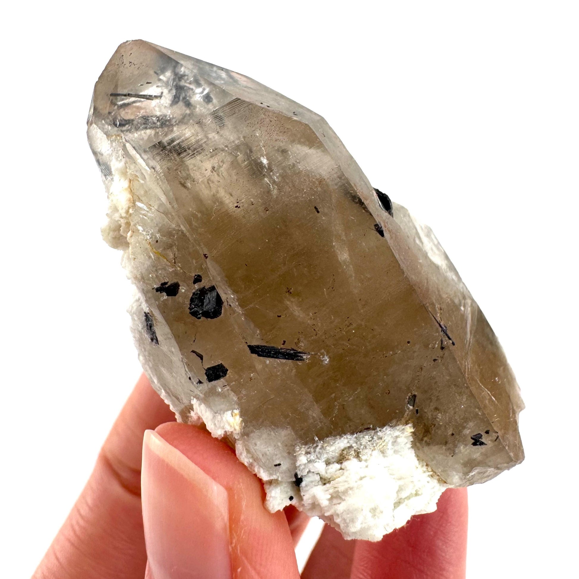 Black Tourmaline on Smoky Quartz | schorl crystal cluster, mineral specimen from Namibia