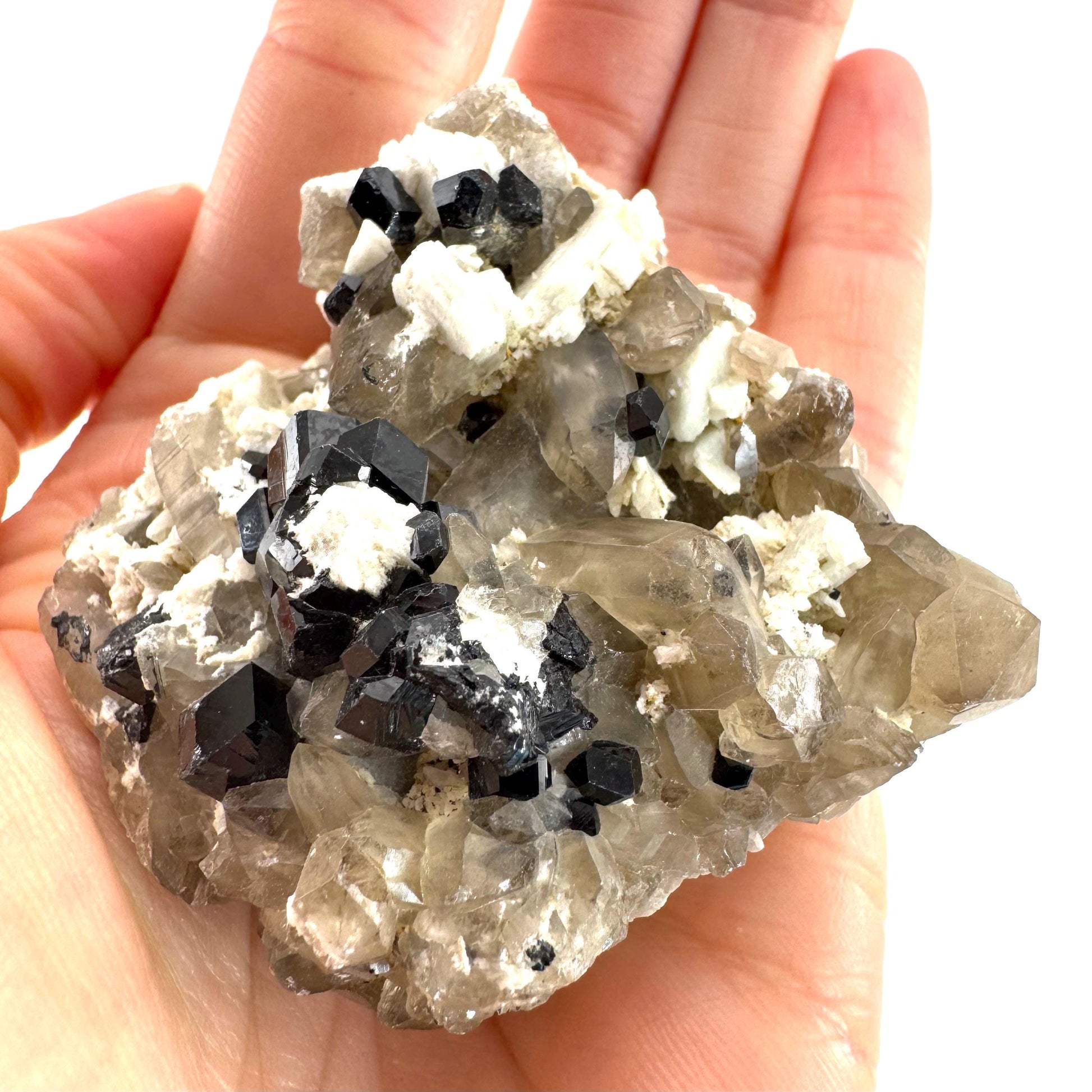 Black Tourmaline on Smoky Quartz | schorl crystal cluster, mineral specimen from Namibia