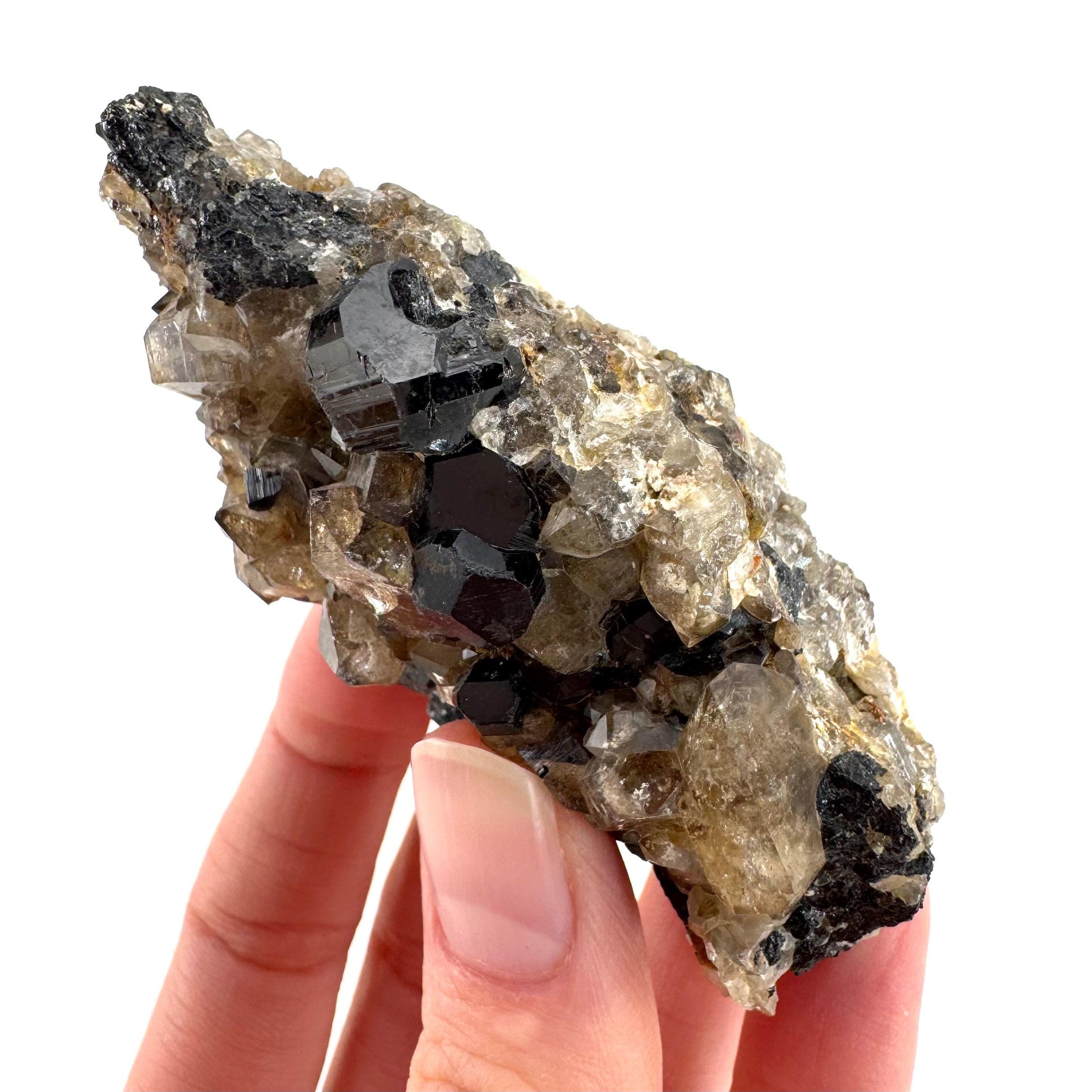 Black Tourmaline on Smoky Quartz | schorl crystal cluster, mineral specimen from Namibia