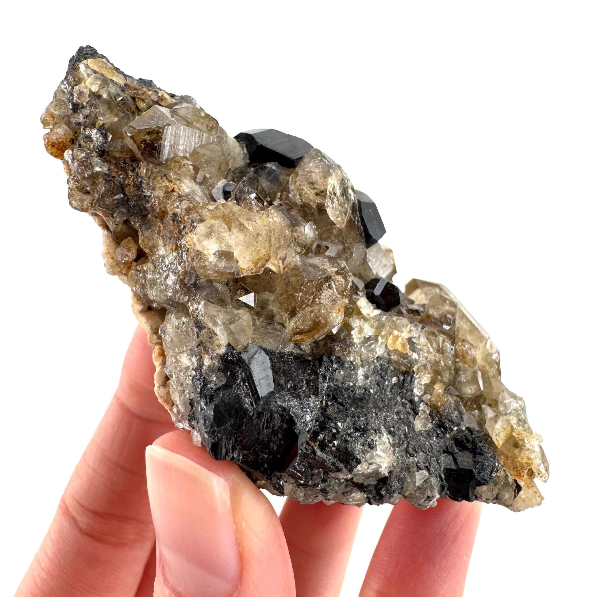 Black Tourmaline on Smoky Quartz | schorl crystal cluster, mineral specimen from Namibia