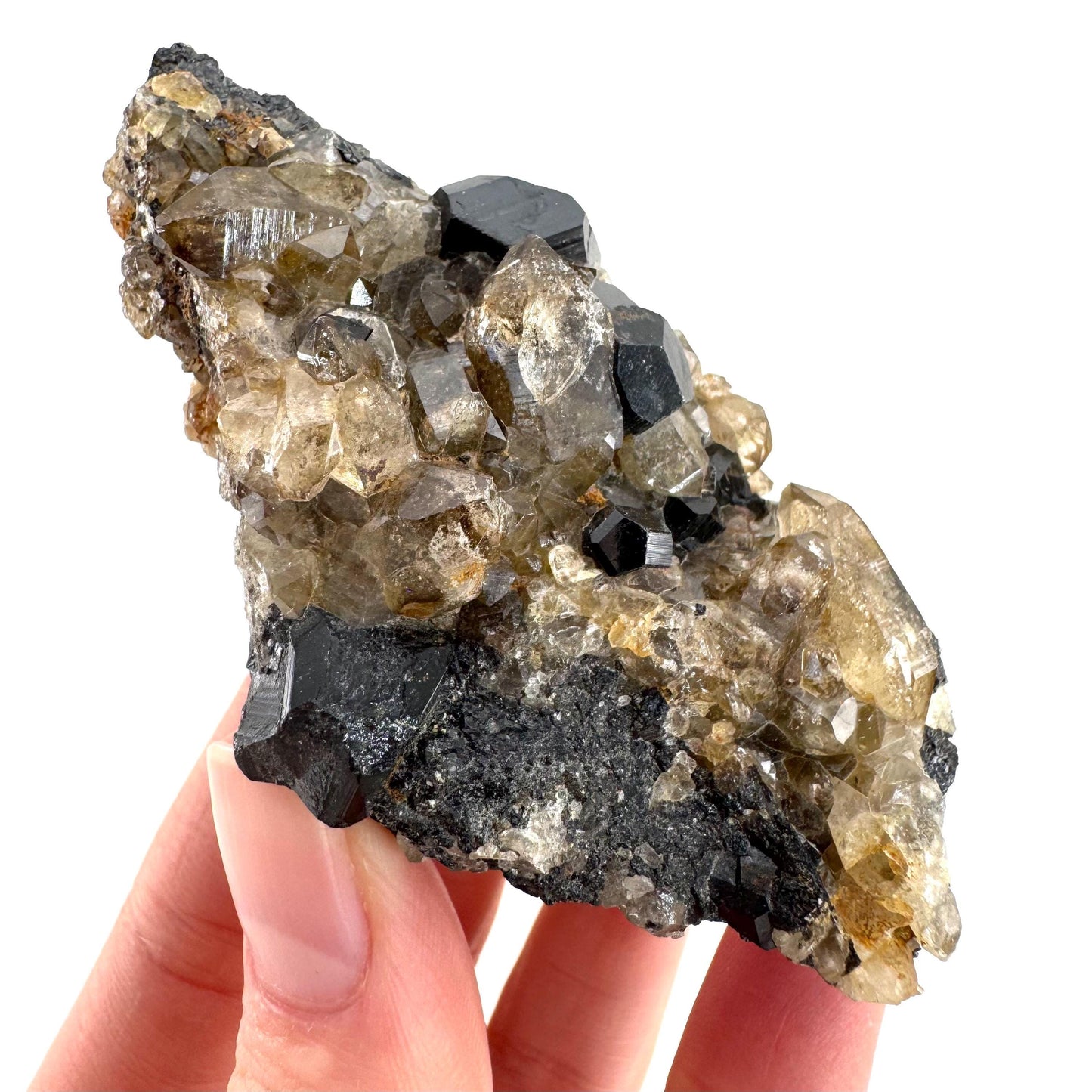 Black Tourmaline on Smoky Quartz | schorl crystal cluster, mineral specimen from Namibia