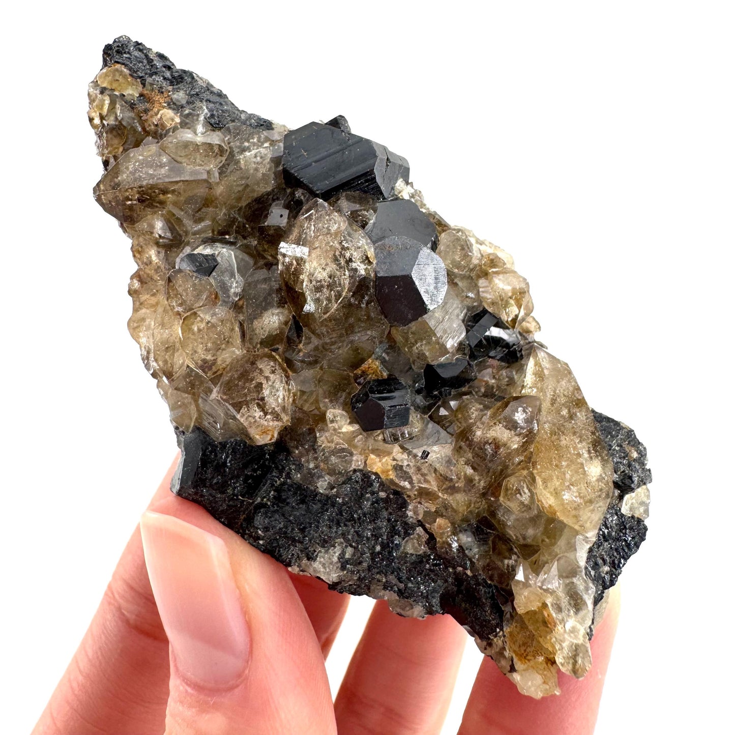 Black Tourmaline on Smoky Quartz | schorl crystal cluster, mineral specimen from Namibia