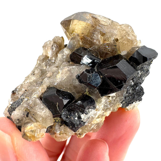 Black Tourmaline on Smoky Quartz | schorl crystal cluster, mineral specimen from Namibia