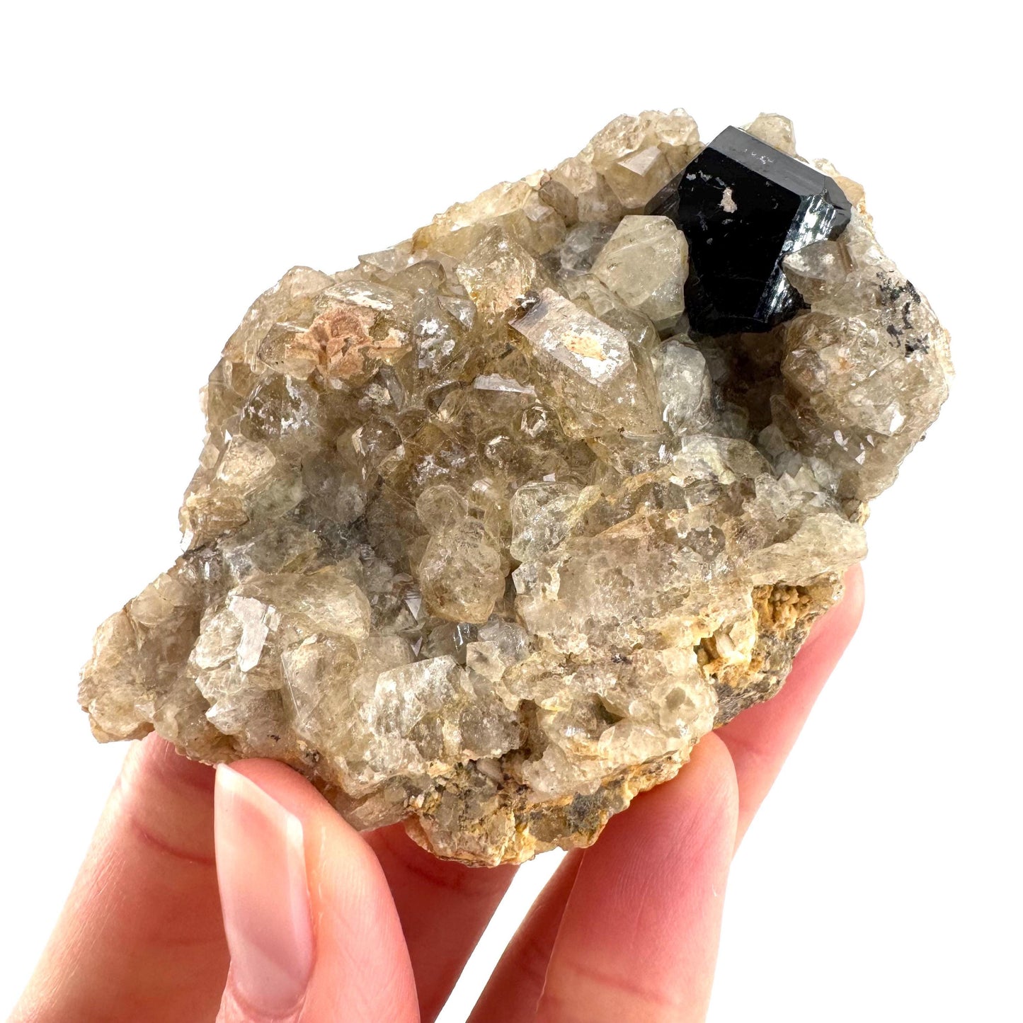 Black Tourmaline on Smoky Quartz | schorl crystal cluster, mineral specimen from Namibia