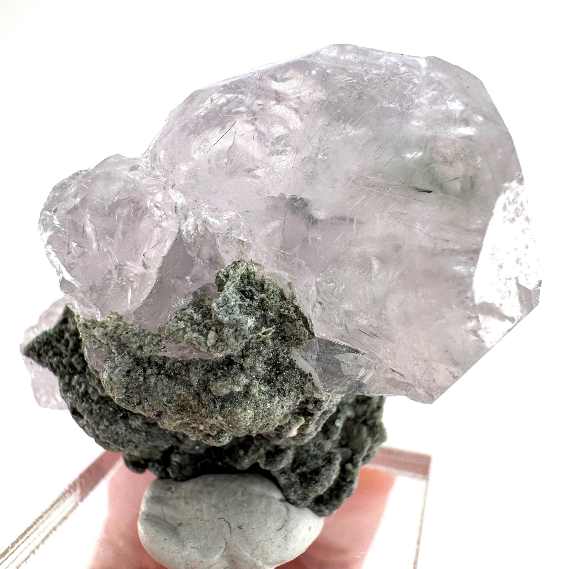 Fluorapatite with Actinolite Inclusions | natural purple crystal, mineral specimen from Pakistan