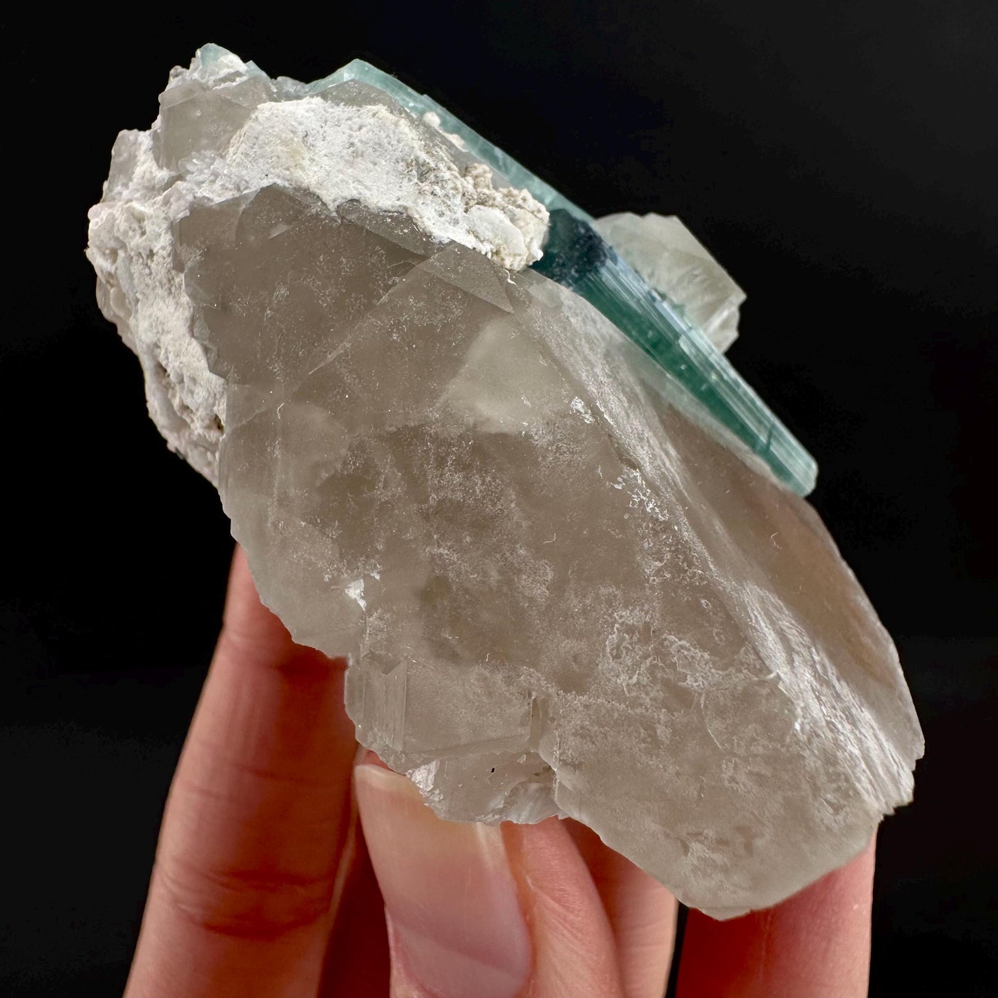 Indicolite Tourmaline on Quartz | Natural Green Crystal, Mineral Specimen from Pakistan