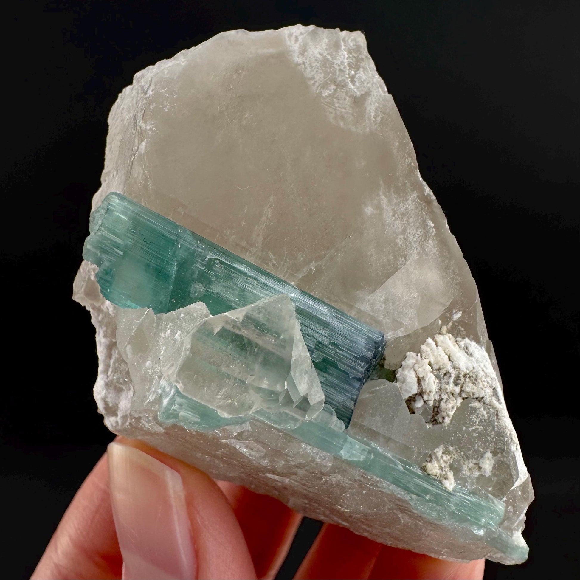 Indicolite Tourmaline on Quartz | Natural Green Crystal, Mineral Specimen from Pakistan