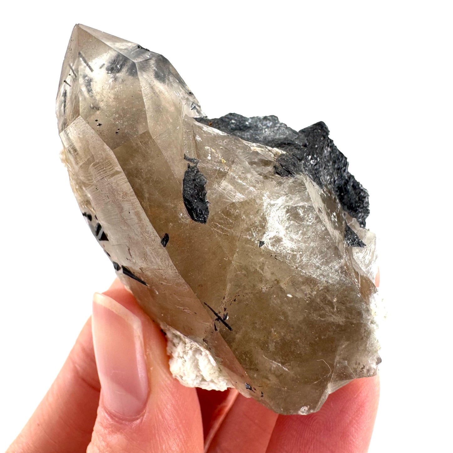 Black Tourmaline on Smoky Quartz | schorl crystal cluster, mineral specimen from Namibia