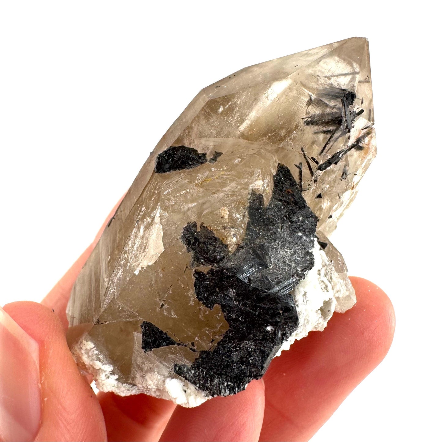 Black Tourmaline on Smoky Quartz | schorl crystal cluster, mineral specimen from Namibia