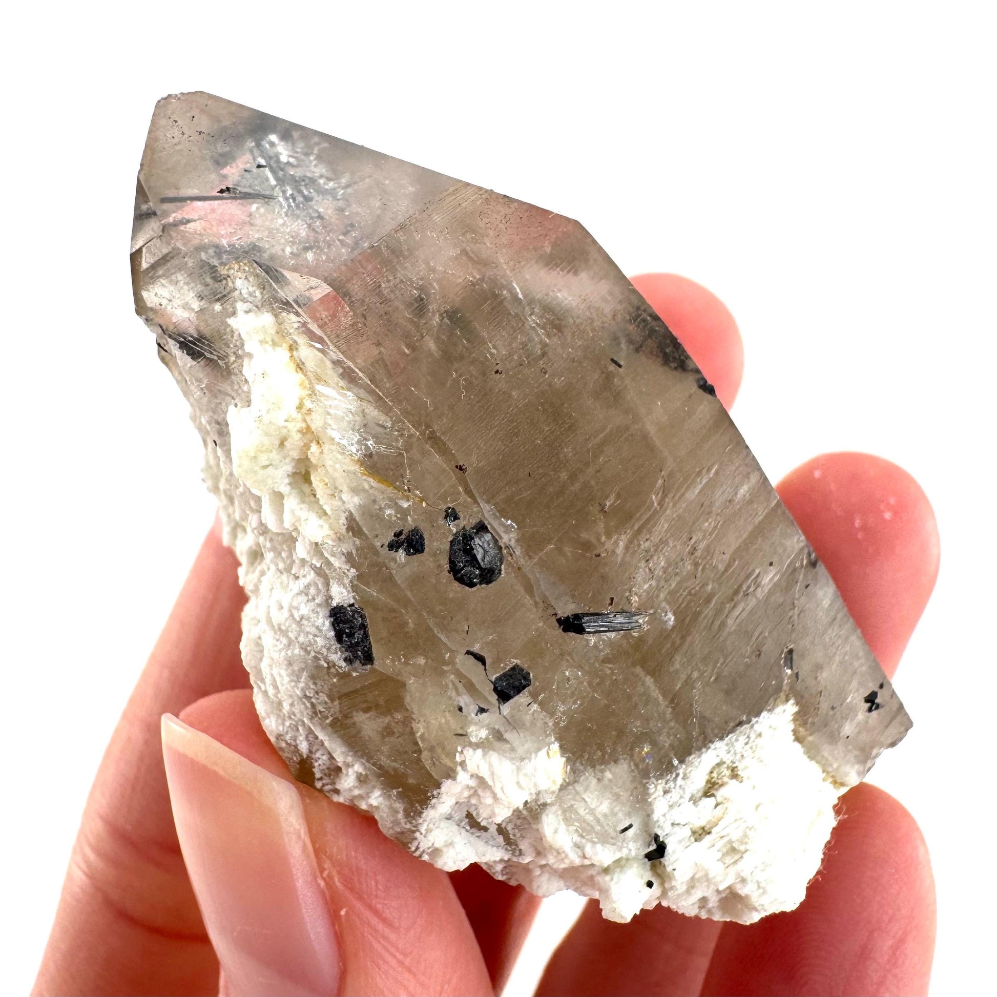 Black Tourmaline on Smoky Quartz | schorl crystal cluster, mineral specimen from Namibia