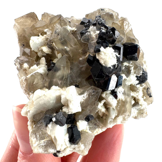 Black Tourmaline on Smoky Quartz | schorl crystal cluster, mineral specimen from Namibia