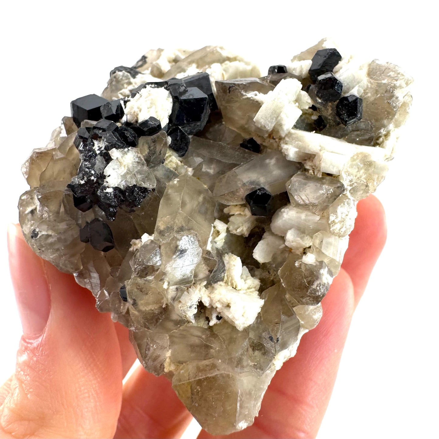 Black Tourmaline on Smoky Quartz | schorl crystal cluster, mineral specimen from Namibia