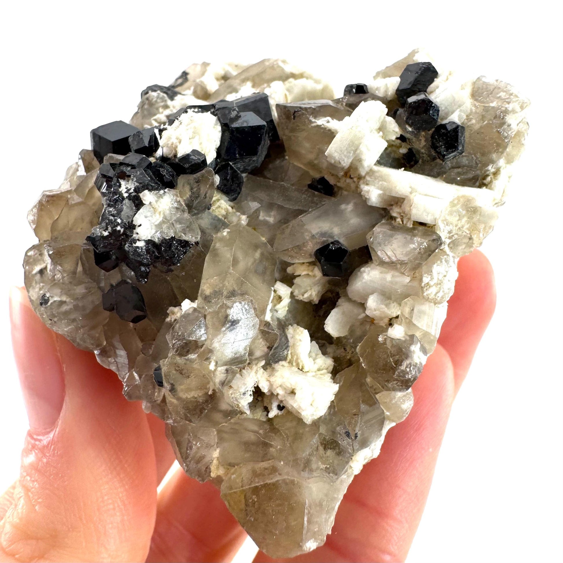 Black Tourmaline on Smoky Quartz | schorl crystal cluster, mineral specimen from Namibia