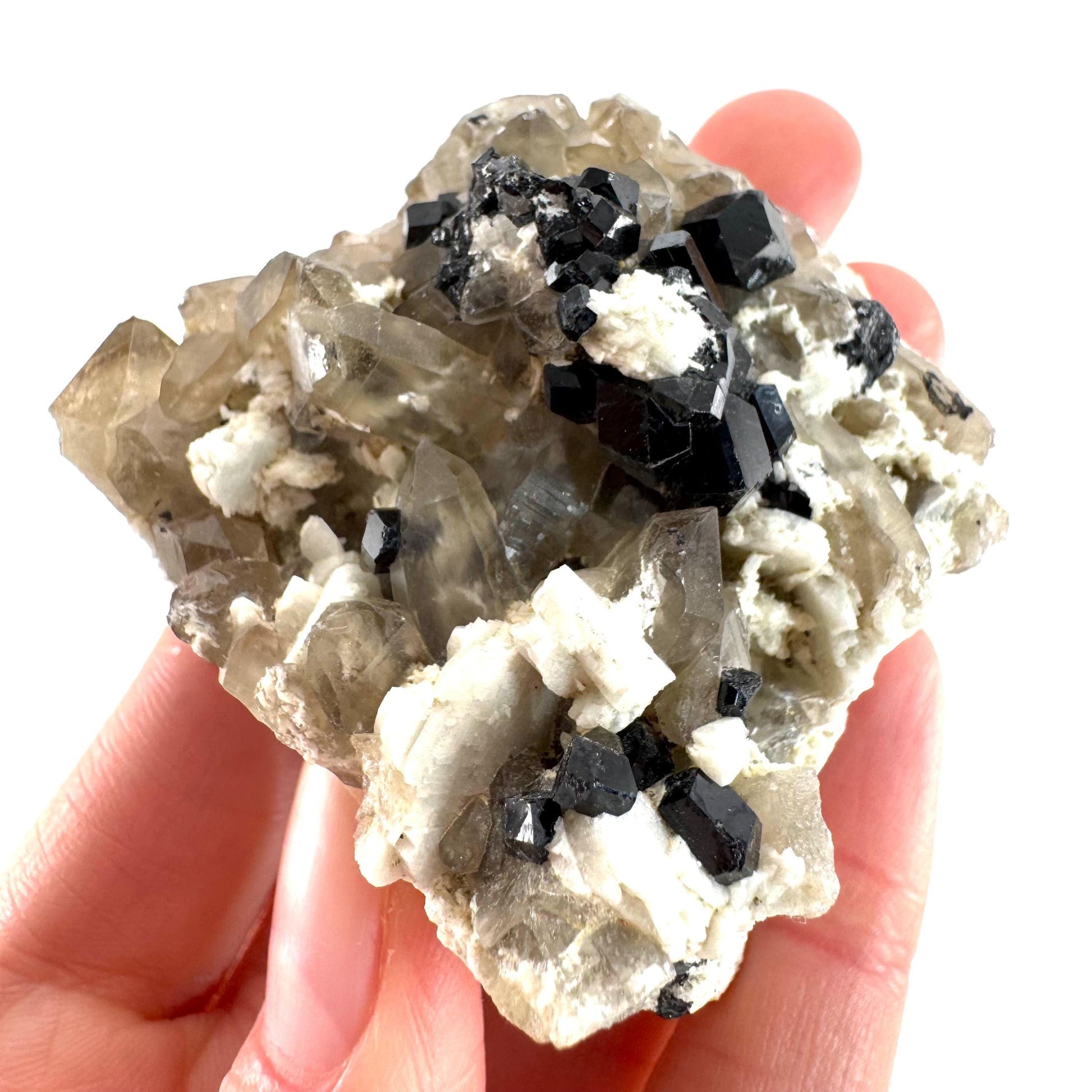 Black Tourmaline on Smoky Quartz | schorl crystal cluster, mineral specimen from Namibia