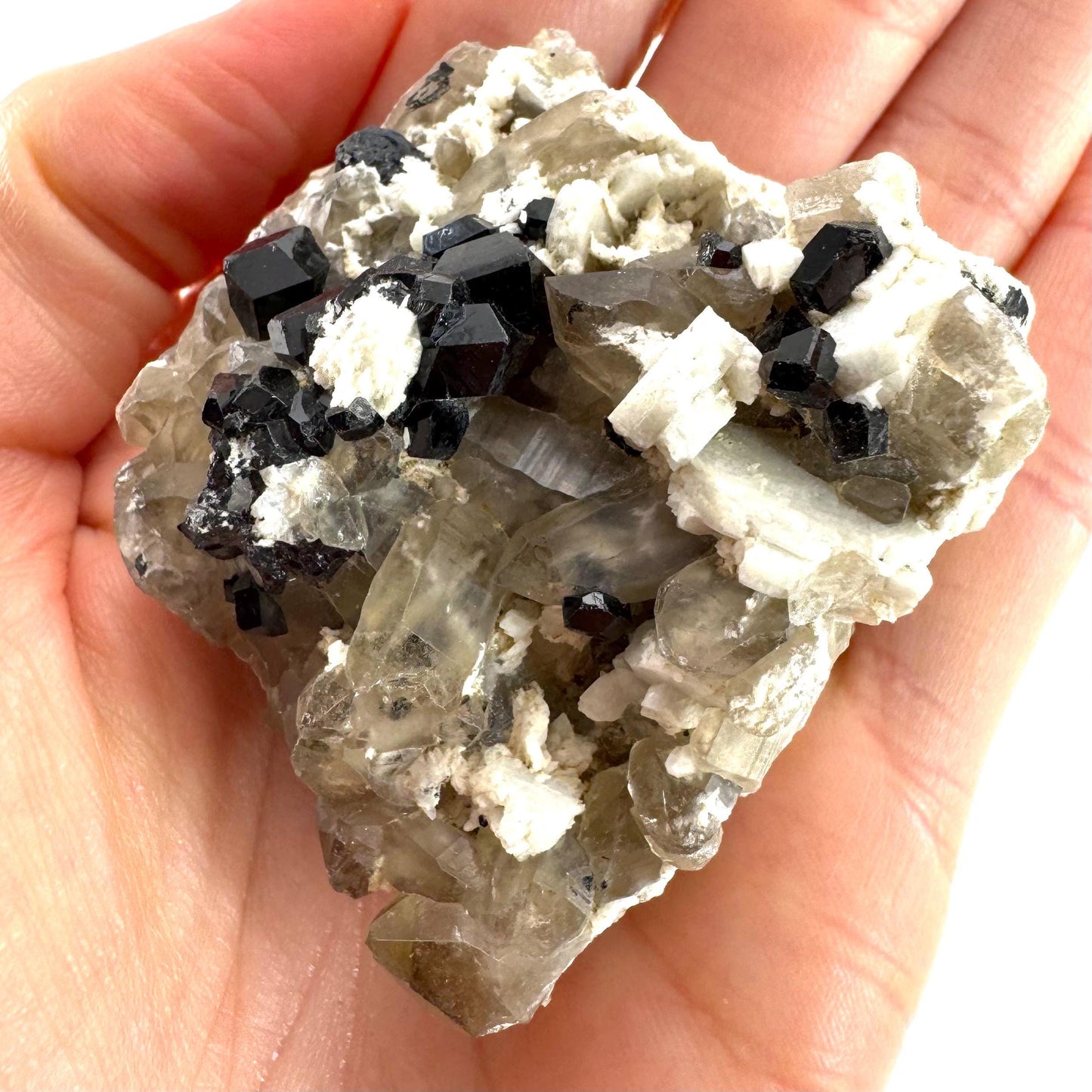 Black Tourmaline on Smoky Quartz | schorl crystal cluster, mineral specimen from Namibia
