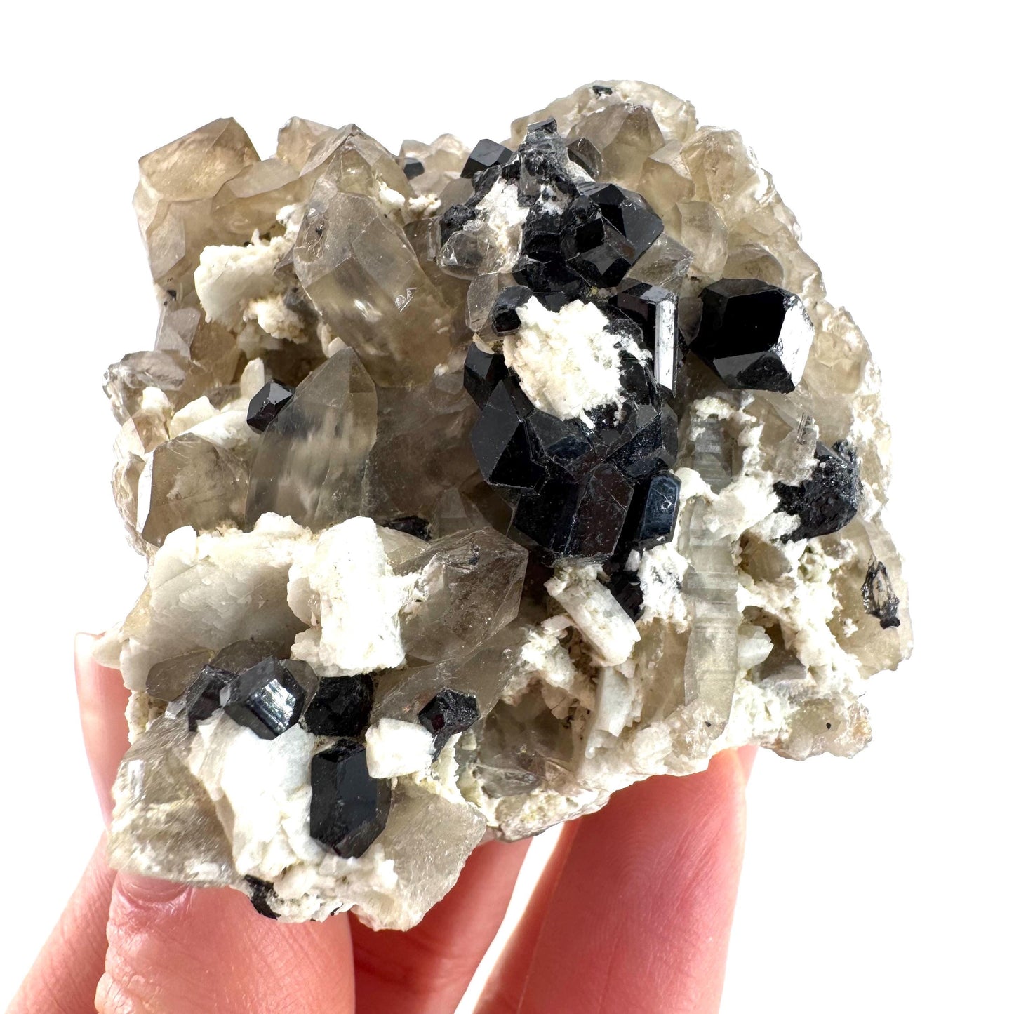 Black Tourmaline on Smoky Quartz | schorl crystal cluster, mineral specimen from Namibia