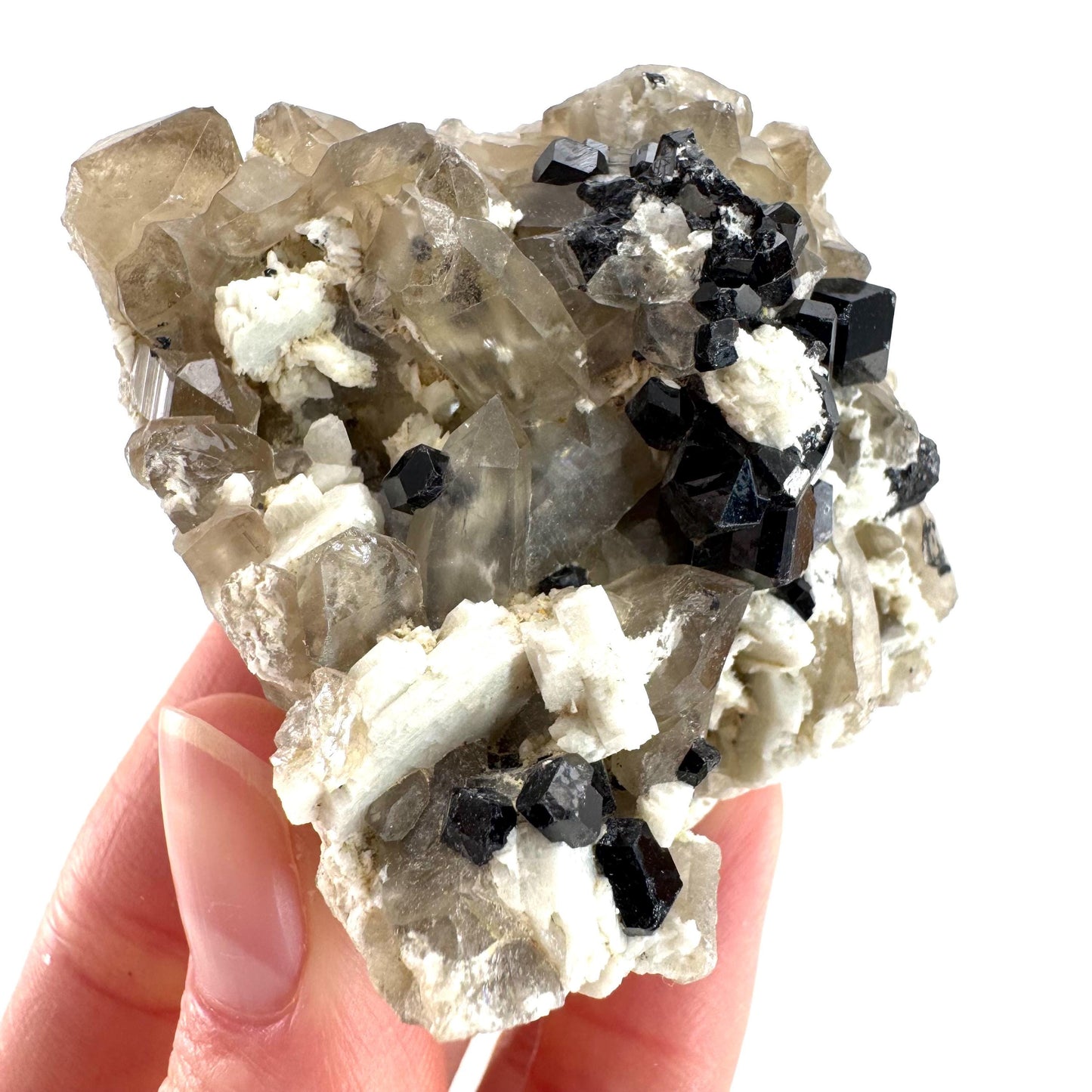 Black Tourmaline on Smoky Quartz | schorl crystal cluster, mineral specimen from Namibia