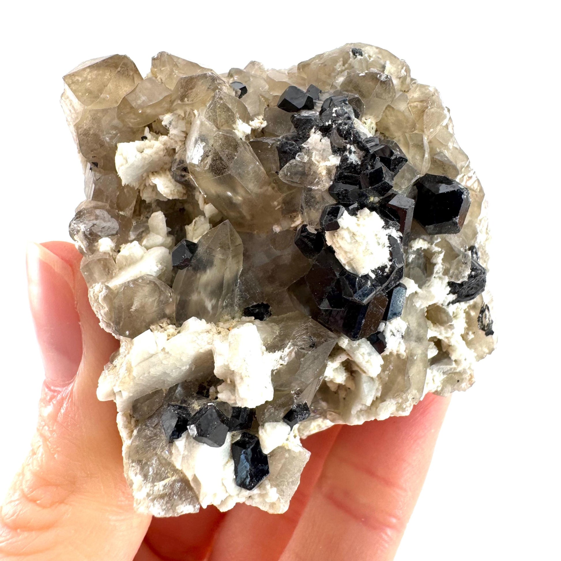 Black Tourmaline on Smoky Quartz | schorl crystal cluster, mineral specimen from Namibia
