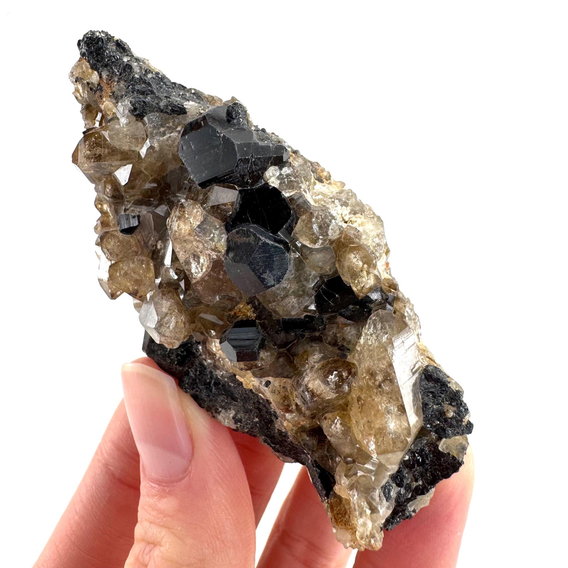 Black Tourmaline on Smoky Quartz | schorl crystal cluster, mineral specimen from Namibia