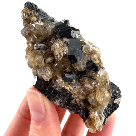 Black Tourmaline on Smoky Quartz | schorl crystal cluster, mineral specimen from Namibia