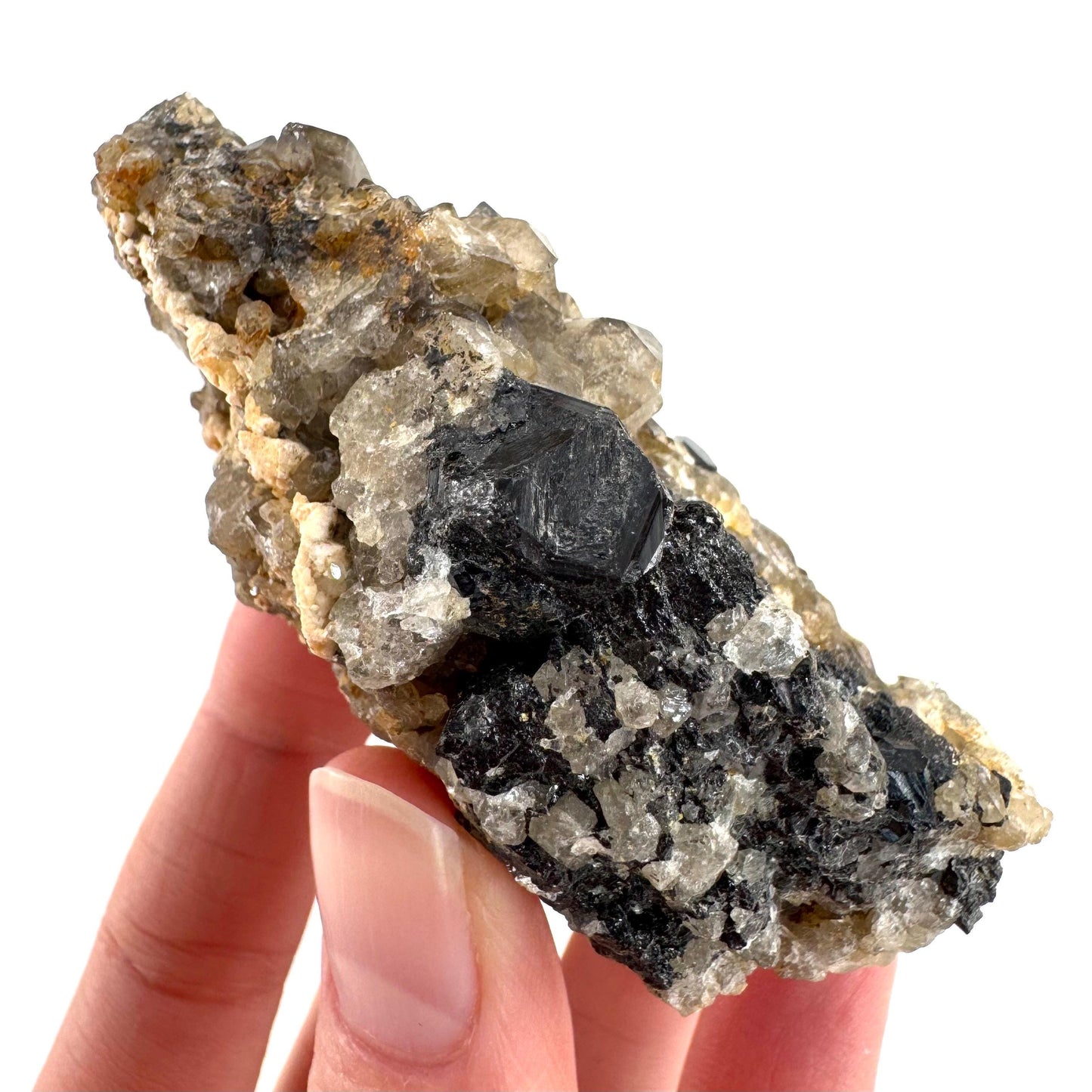 Black Tourmaline on Smoky Quartz | schorl crystal cluster, mineral specimen from Namibia
