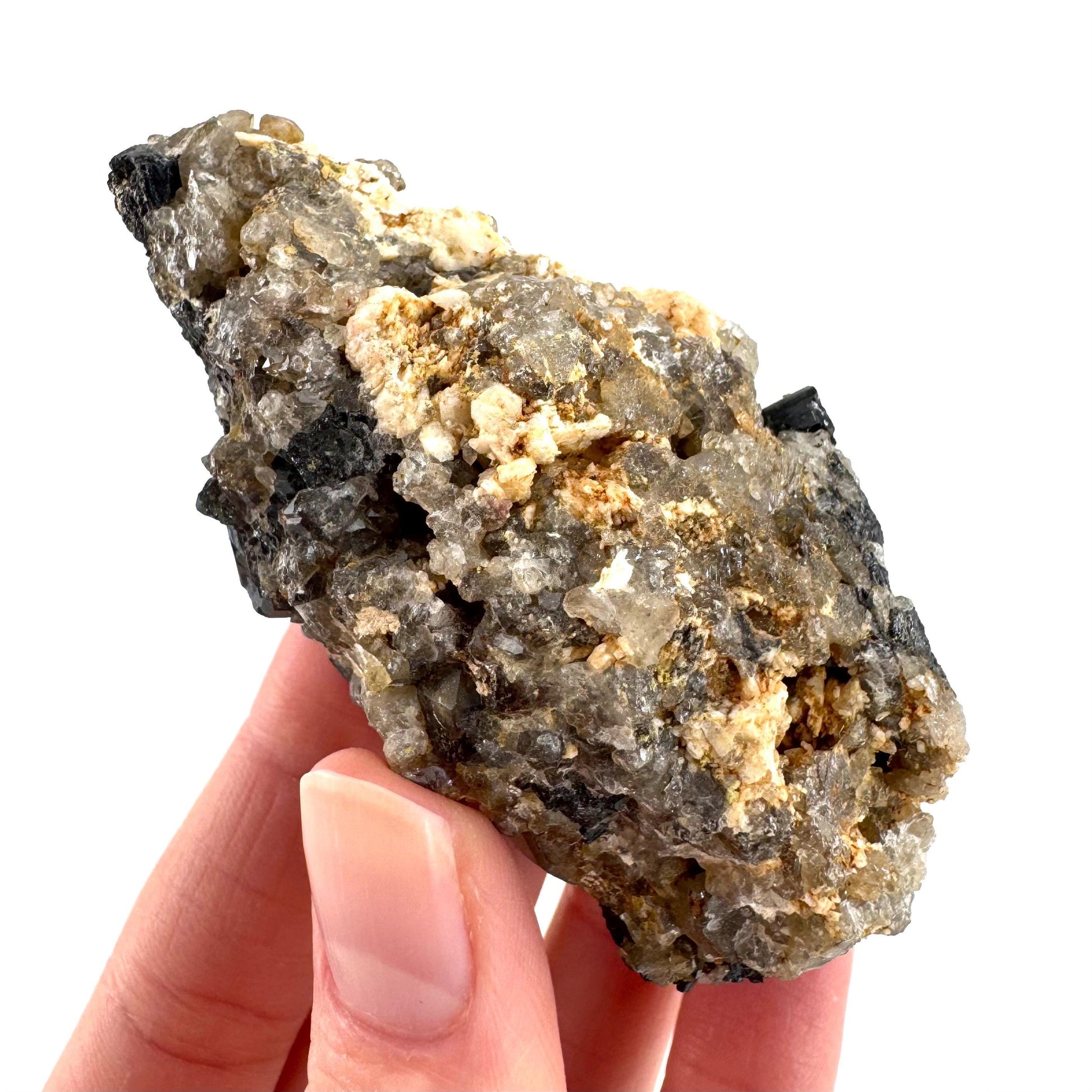 Black Tourmaline on Smoky Quartz | schorl crystal cluster, mineral specimen from Namibia