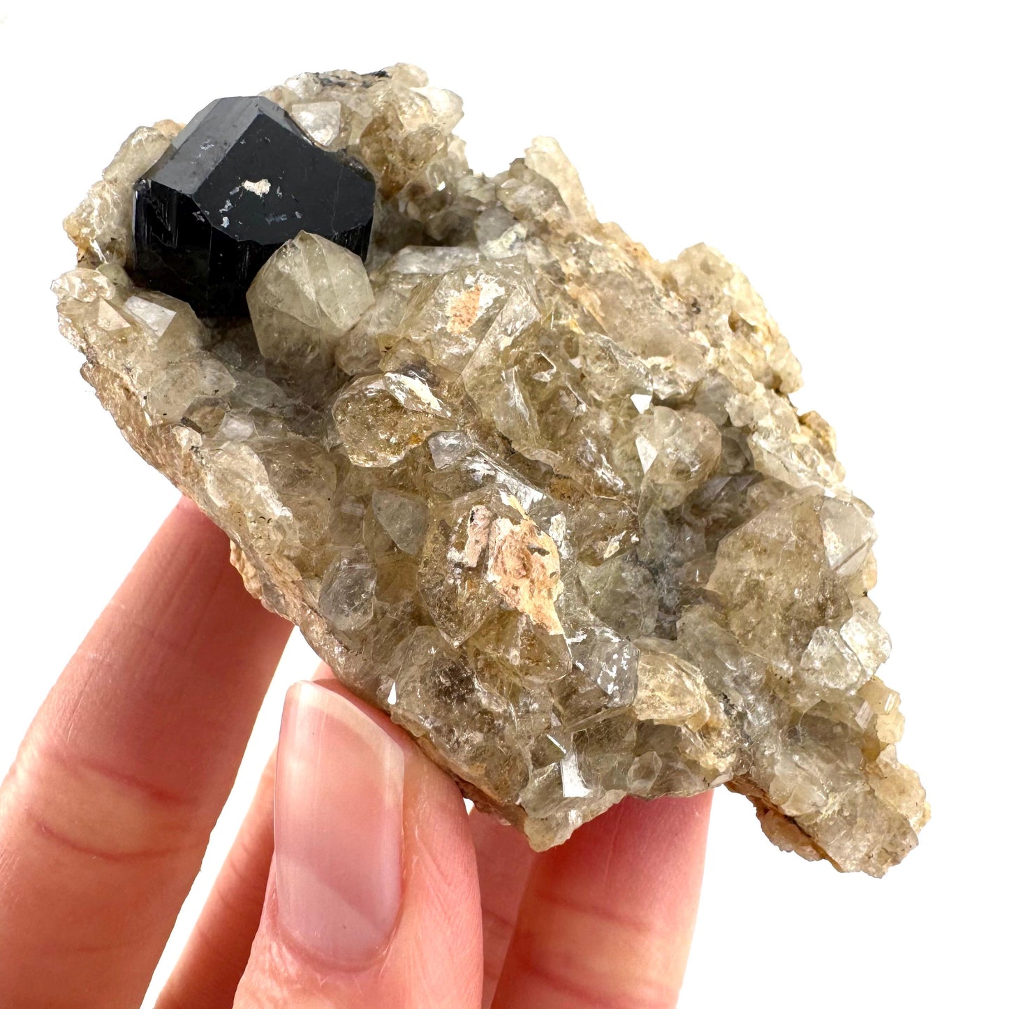 Black Tourmaline on Smoky Quartz | schorl crystal cluster, mineral specimen from Namibia