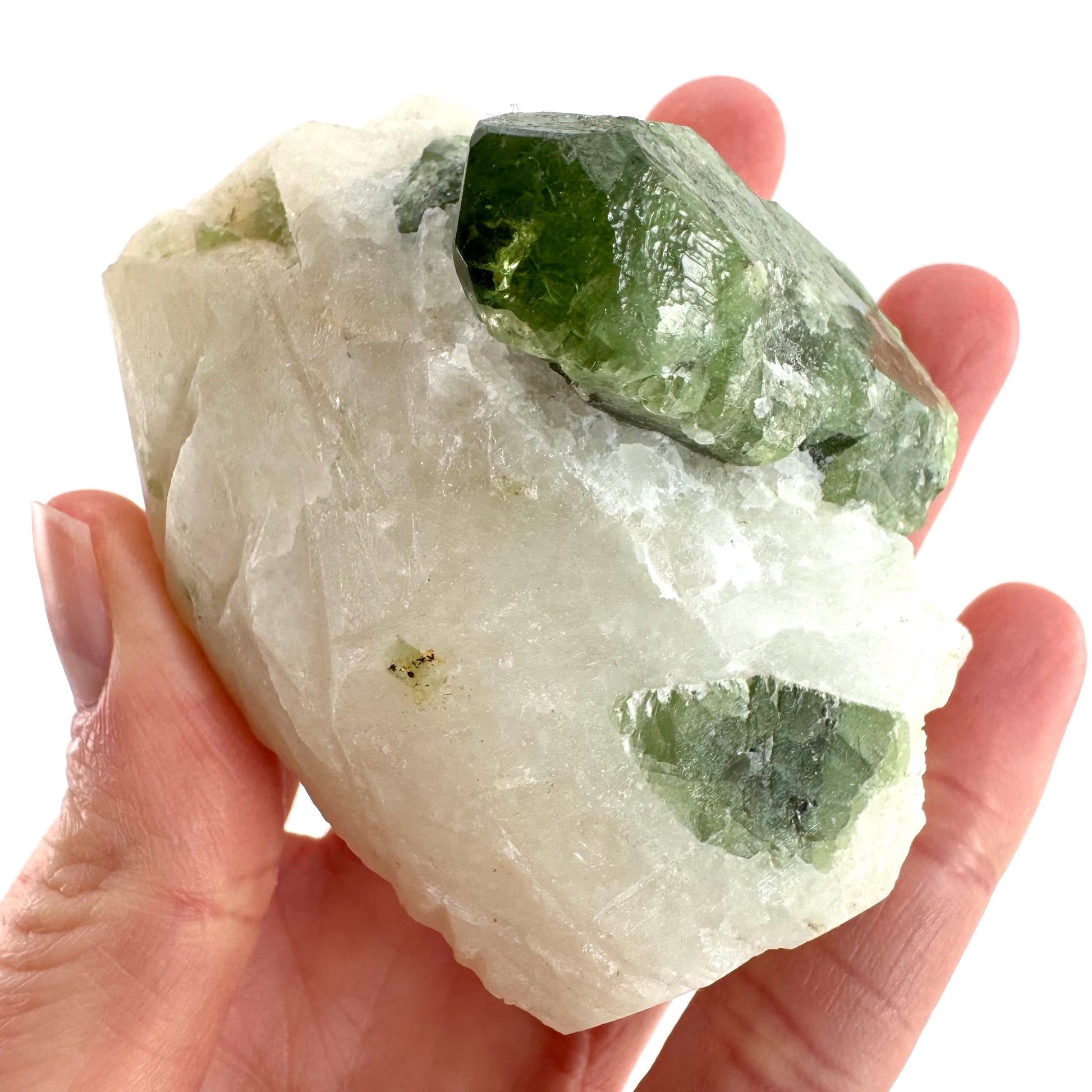 Chrome Diopside on Calcite | raw green crystal cluster, natural mineral specimen