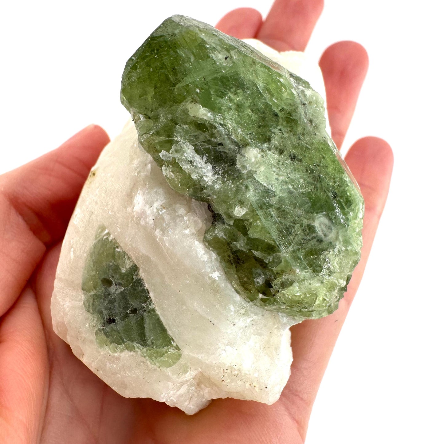 Chrome Diopside on Calcite | raw green crystal cluster, natural mineral specimen