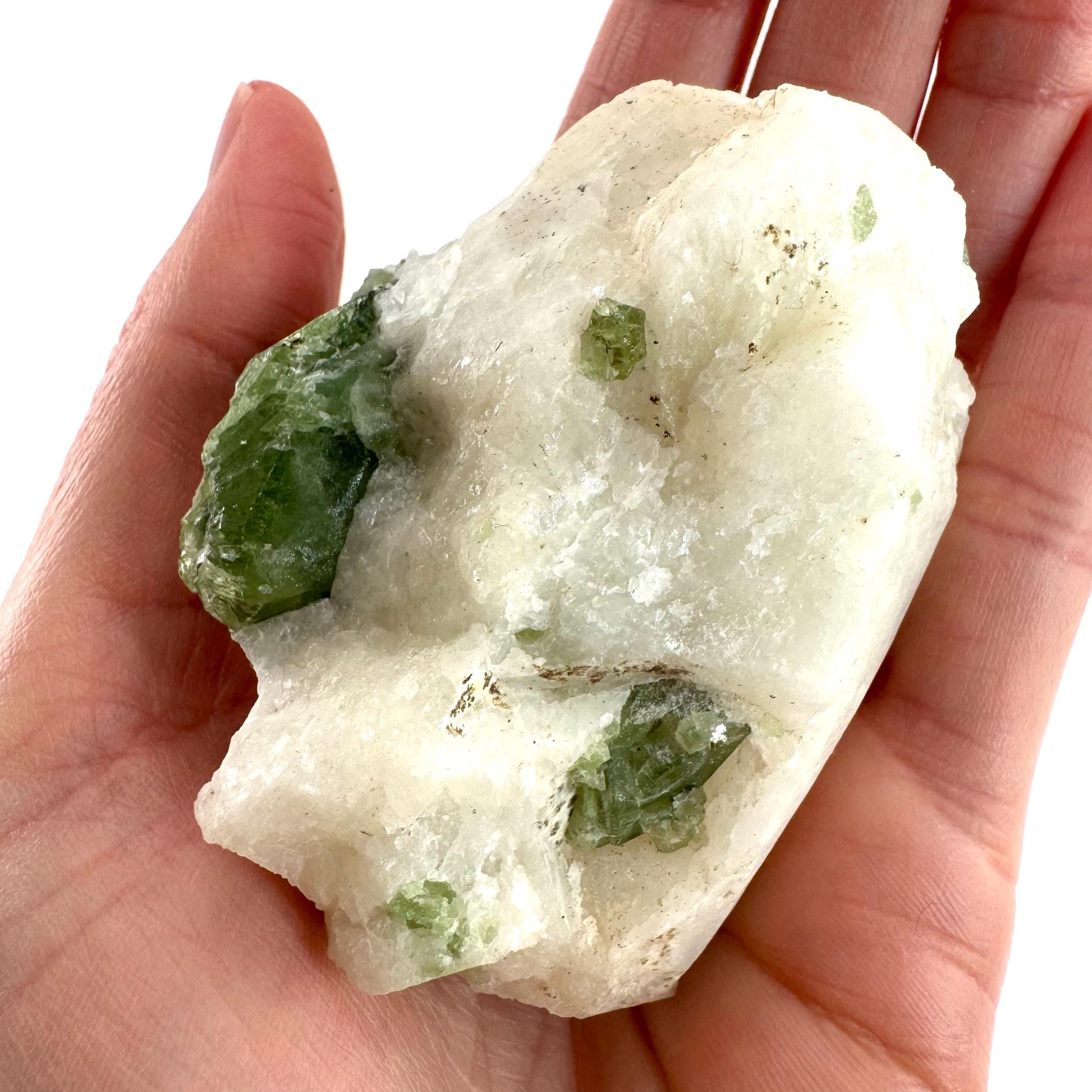 Chrome Diopside on Calcite | raw green crystal cluster, natural mineral specimen