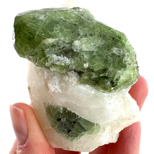 Chrome Diopside on Calcite | raw green crystal cluster, natural mineral specimen