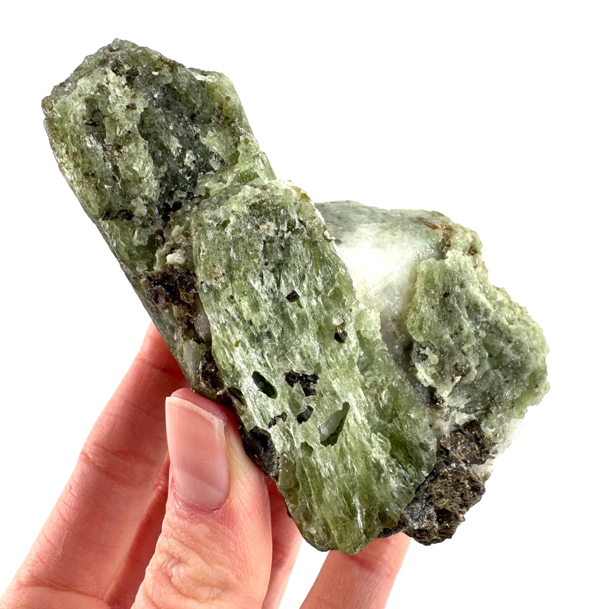 Chrome Diopside on Calcite | raw green crystal cluster, natural mineral specimen