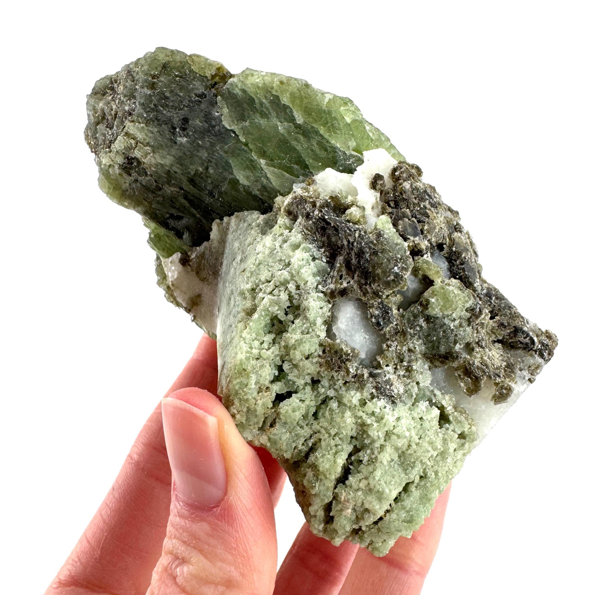 Chrome Diopside on Calcite | raw green crystal cluster, natural mineral specimen
