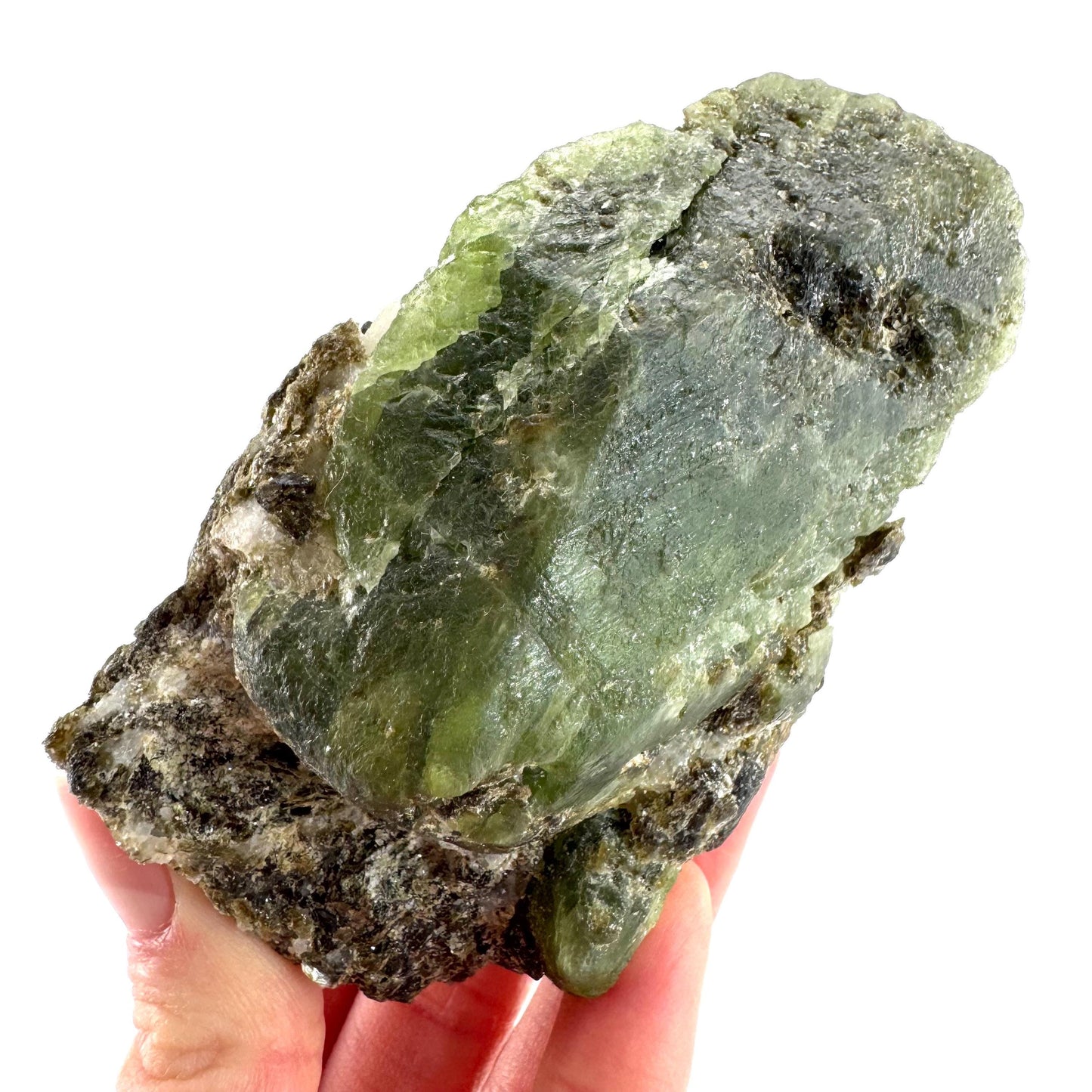 Chrome Diopside on Calcite | raw green crystal cluster, natural mineral specimen