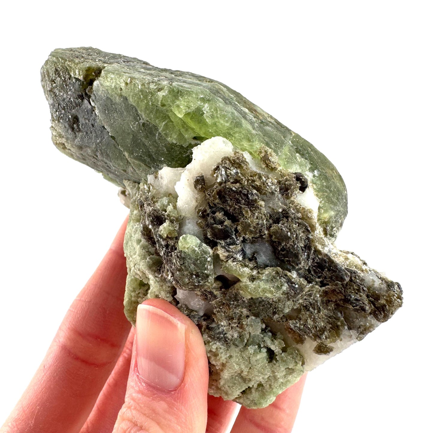 Chrome Diopside on Calcite | raw green crystal cluster, natural mineral specimen