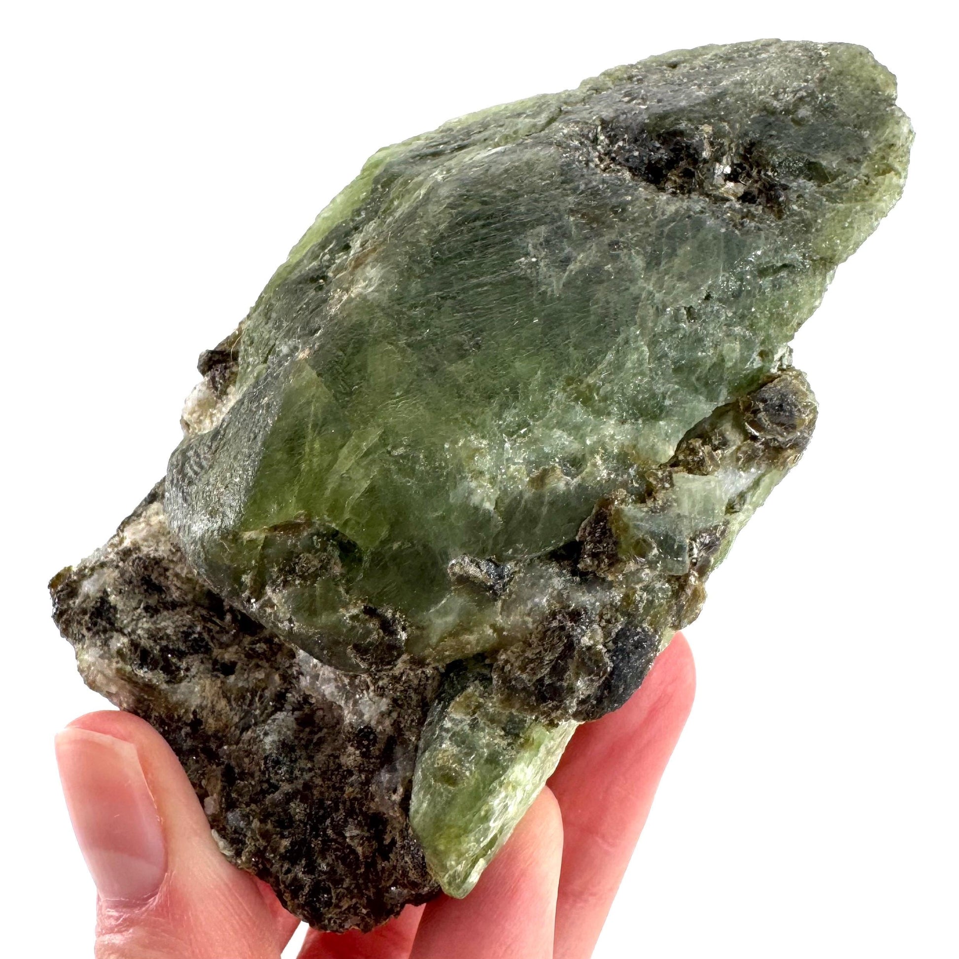 Chrome Diopside on Calcite | raw green crystal cluster, natural mineral specimen