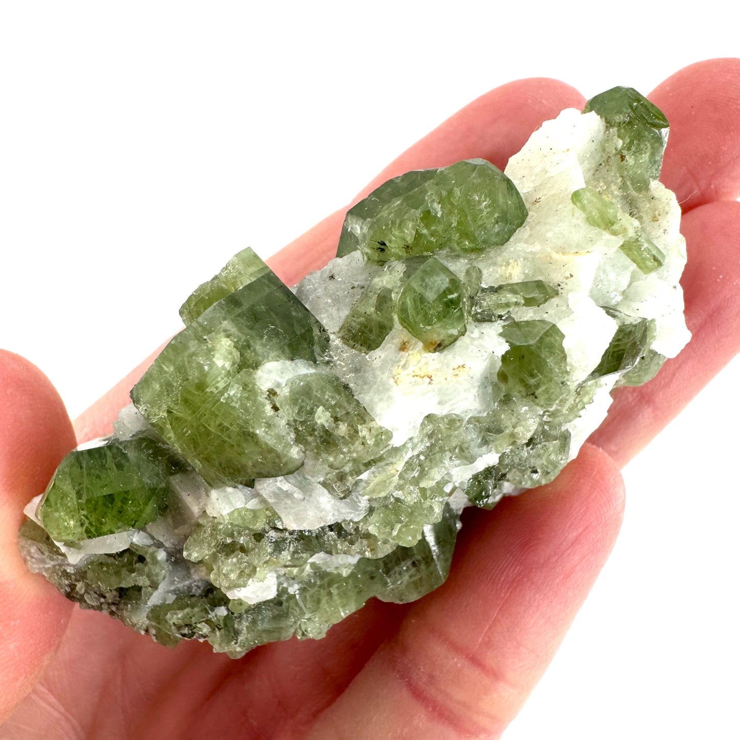Chrome Diopside on Calcite | raw green crystal cluster, natural mineral specimen