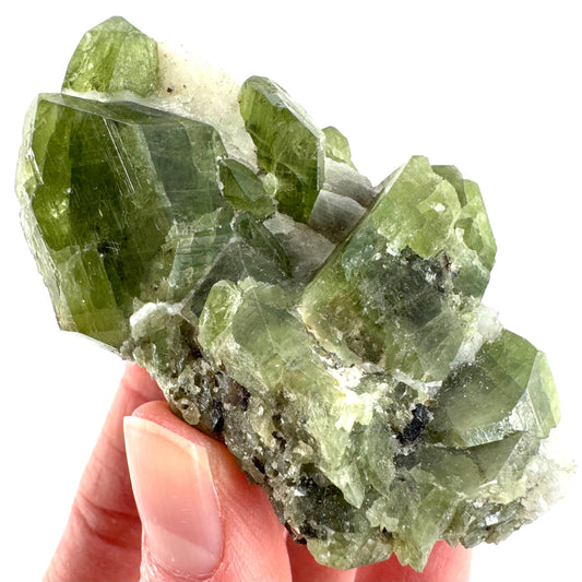 Chrome Diopside on Calcite | raw green crystal cluster, natural mineral specimen