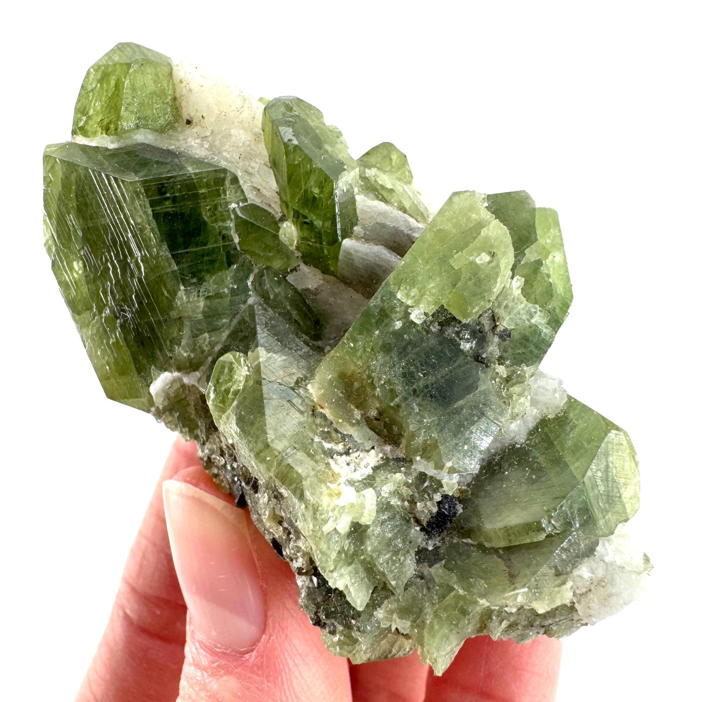 Chrome Diopside on Calcite | raw green crystal cluster, natural mineral specimen