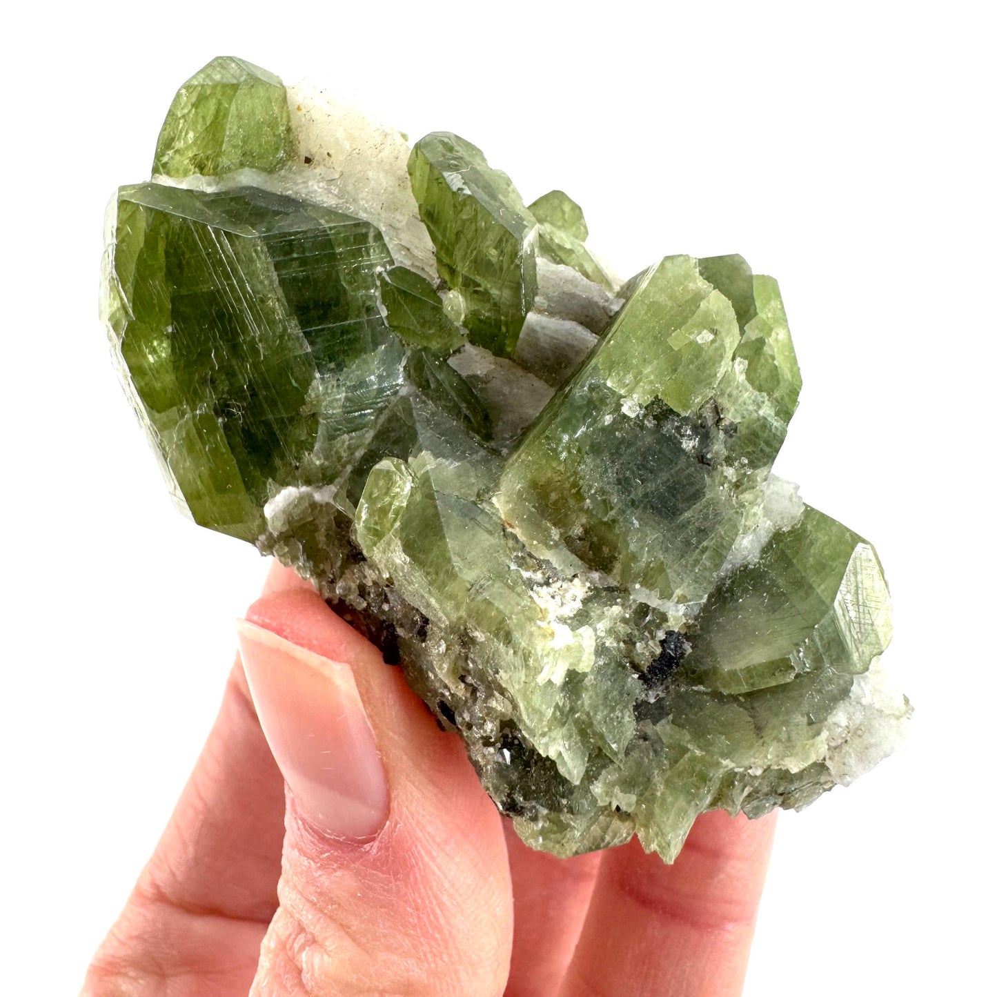 Chrome Diopside on Calcite | raw green crystal cluster, natural mineral specimen