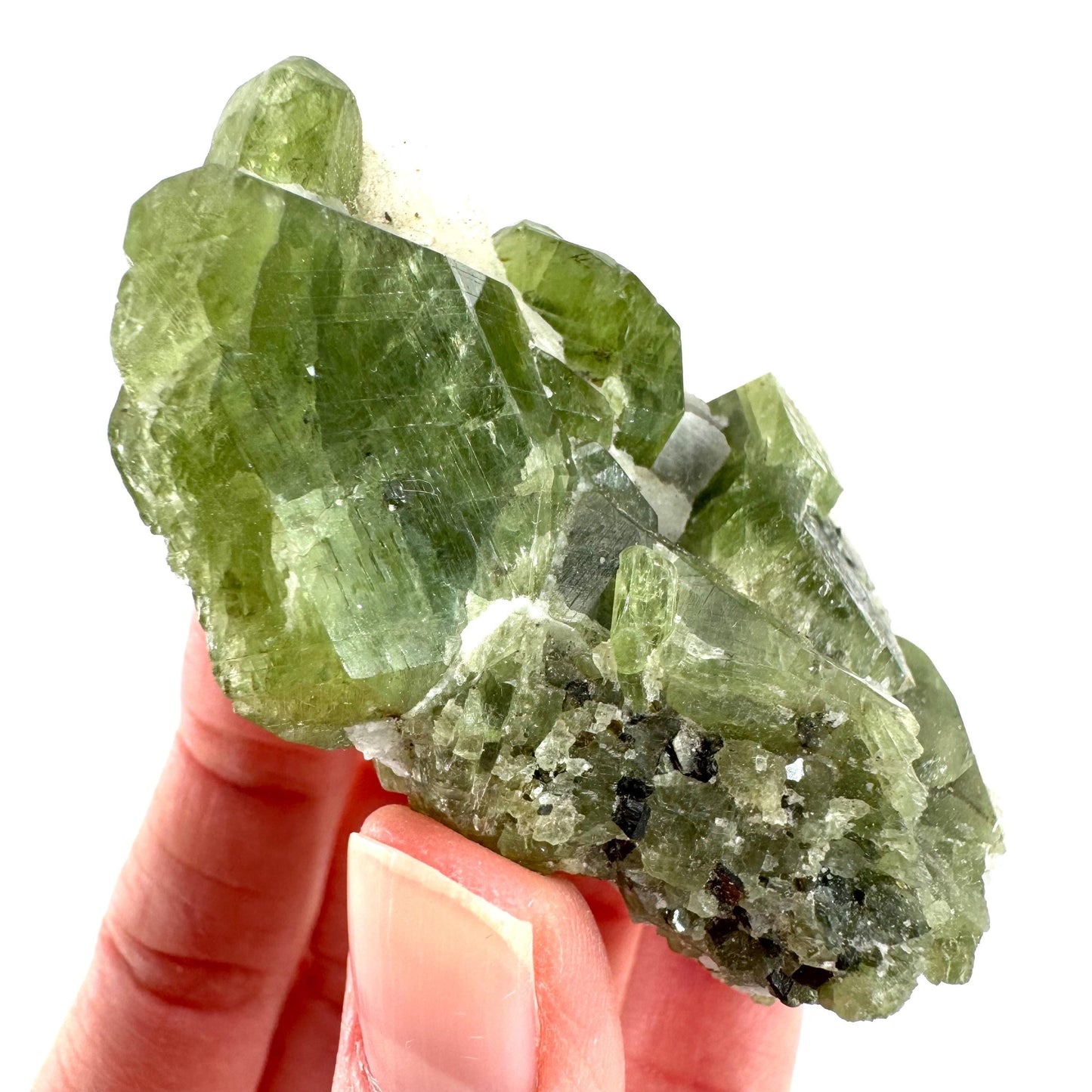 Chrome Diopside on Calcite | raw green crystal cluster, natural mineral specimen