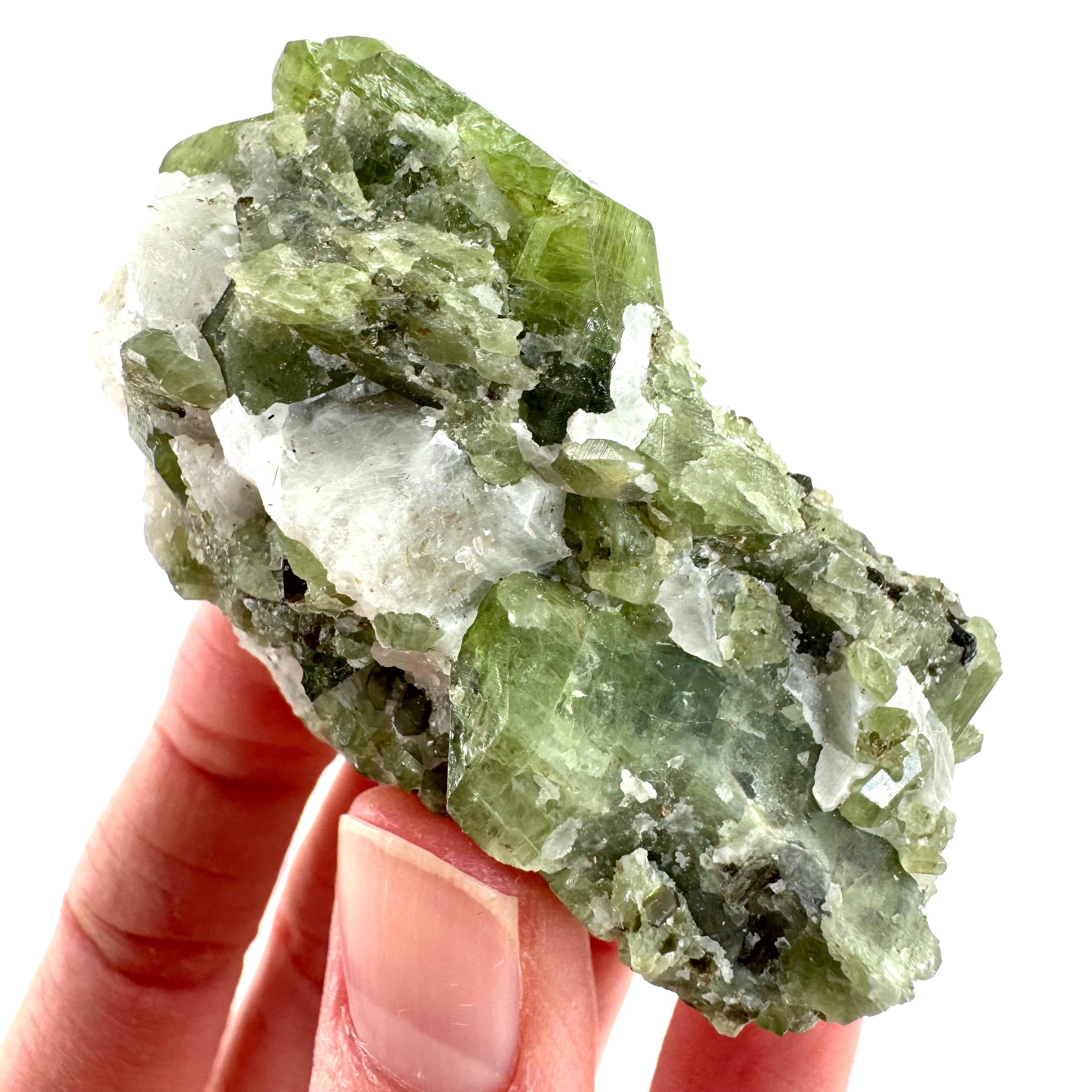 Chrome Diopside on Calcite | raw green crystal cluster, natural mineral specimen