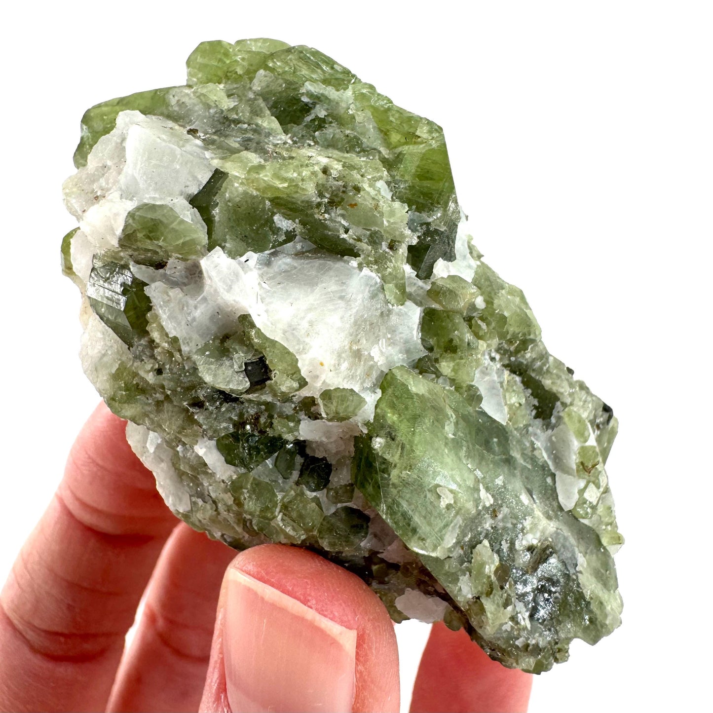 Chrome Diopside on Calcite | raw green crystal cluster, natural mineral specimen