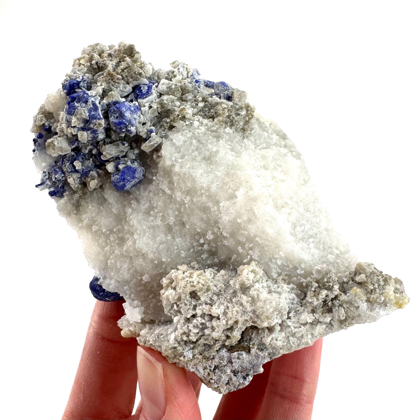 Lazurite on Calcite | blue crystal cluster, natural mineral specimen