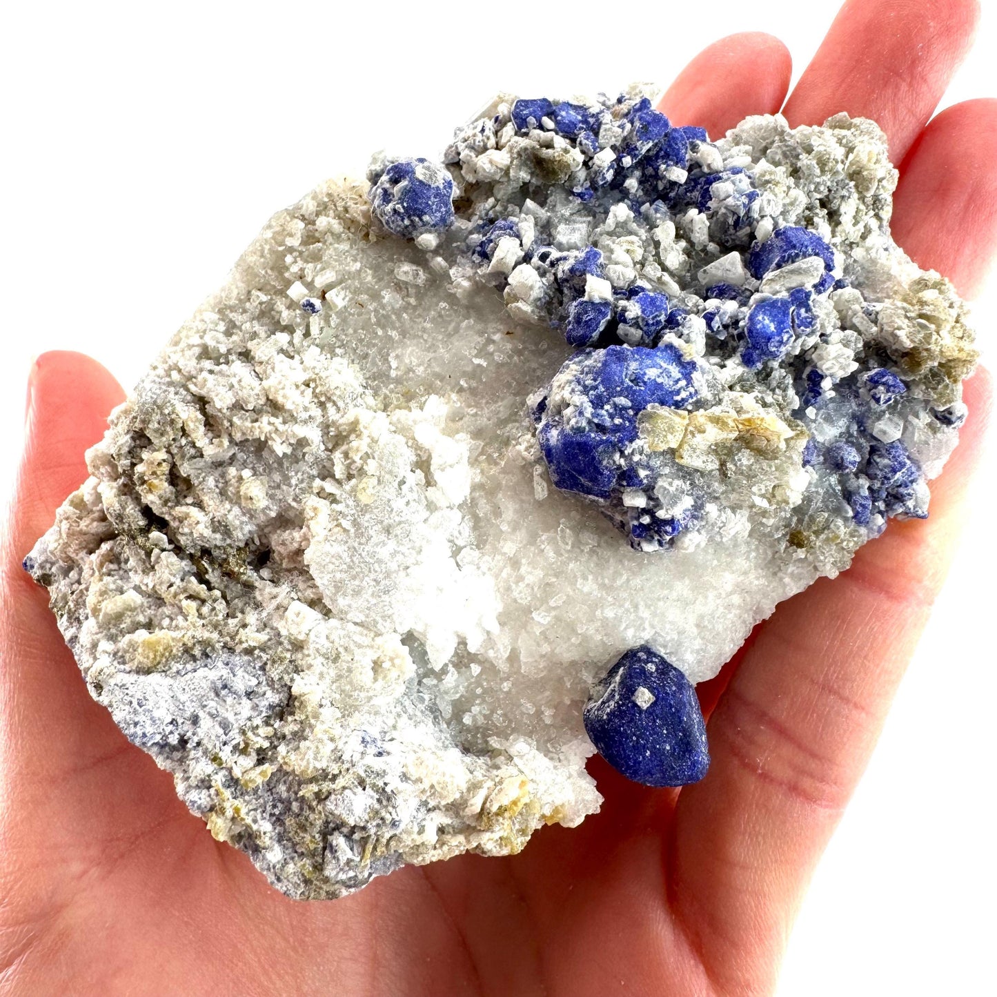 Lazurite on Calcite | blue crystal cluster, natural mineral specimen