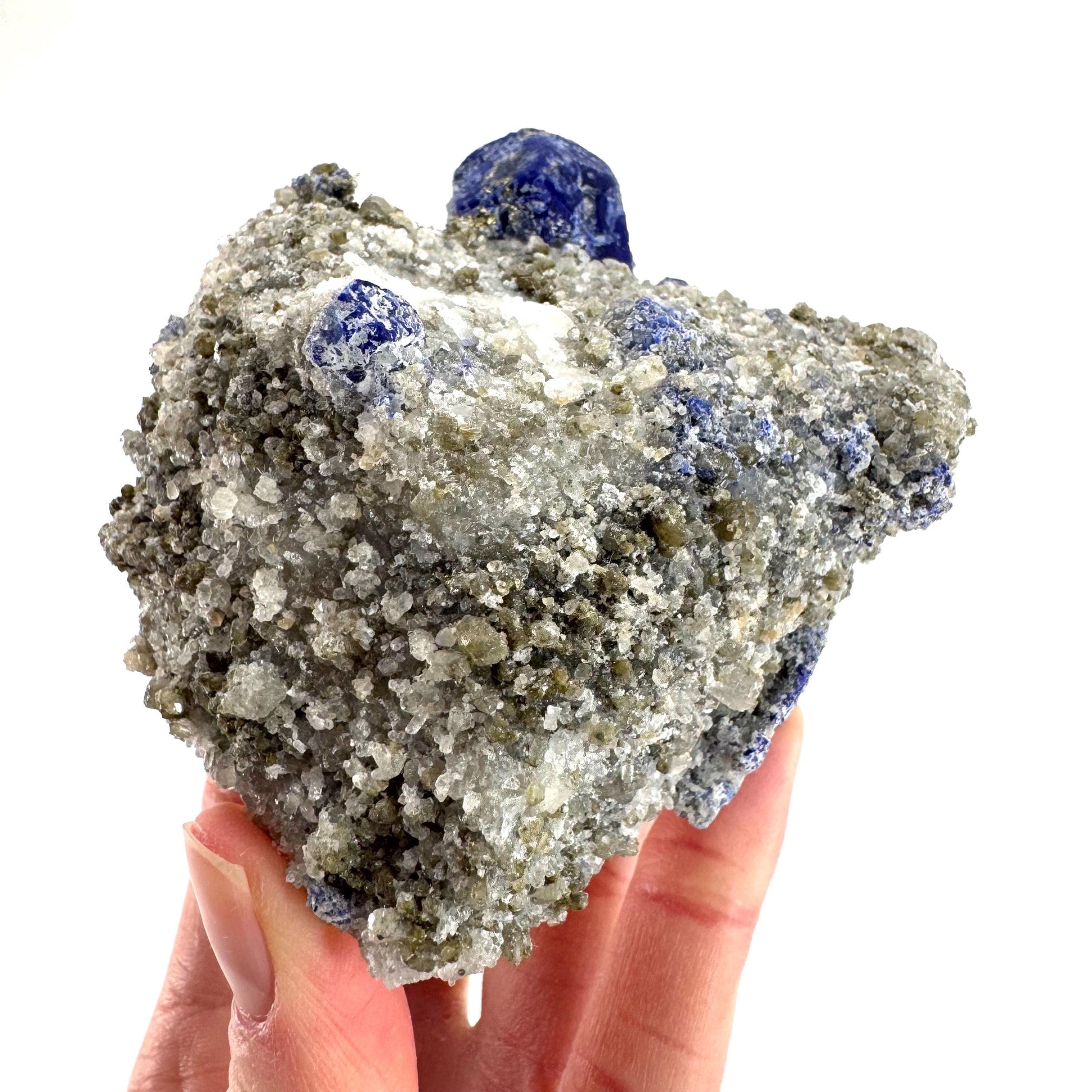 Lazurite & Pyrite on Calcite | blue crystal cluster, natural mineral specimen