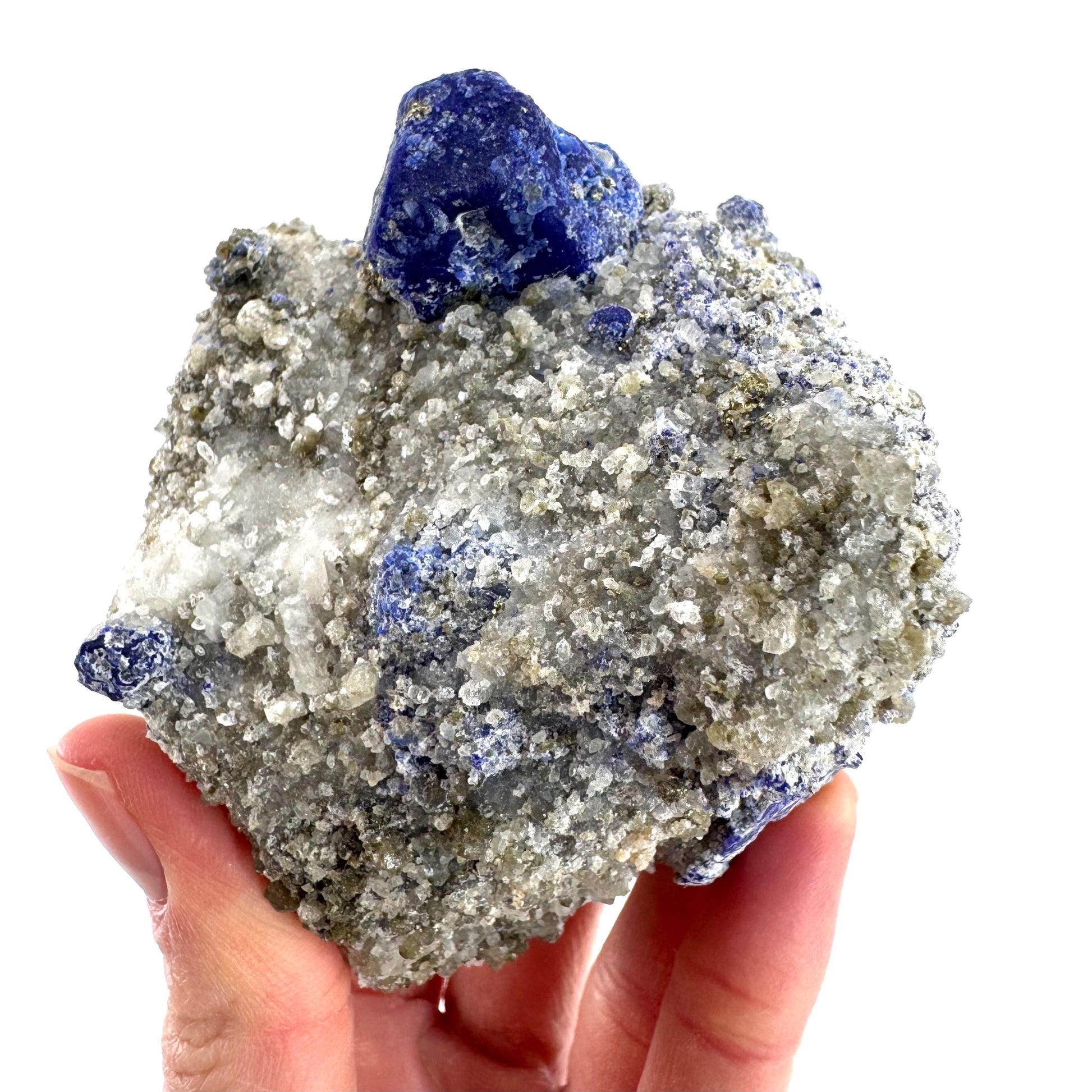 Lazurite & Pyrite on Calcite | blue crystal cluster, natural mineral specimen