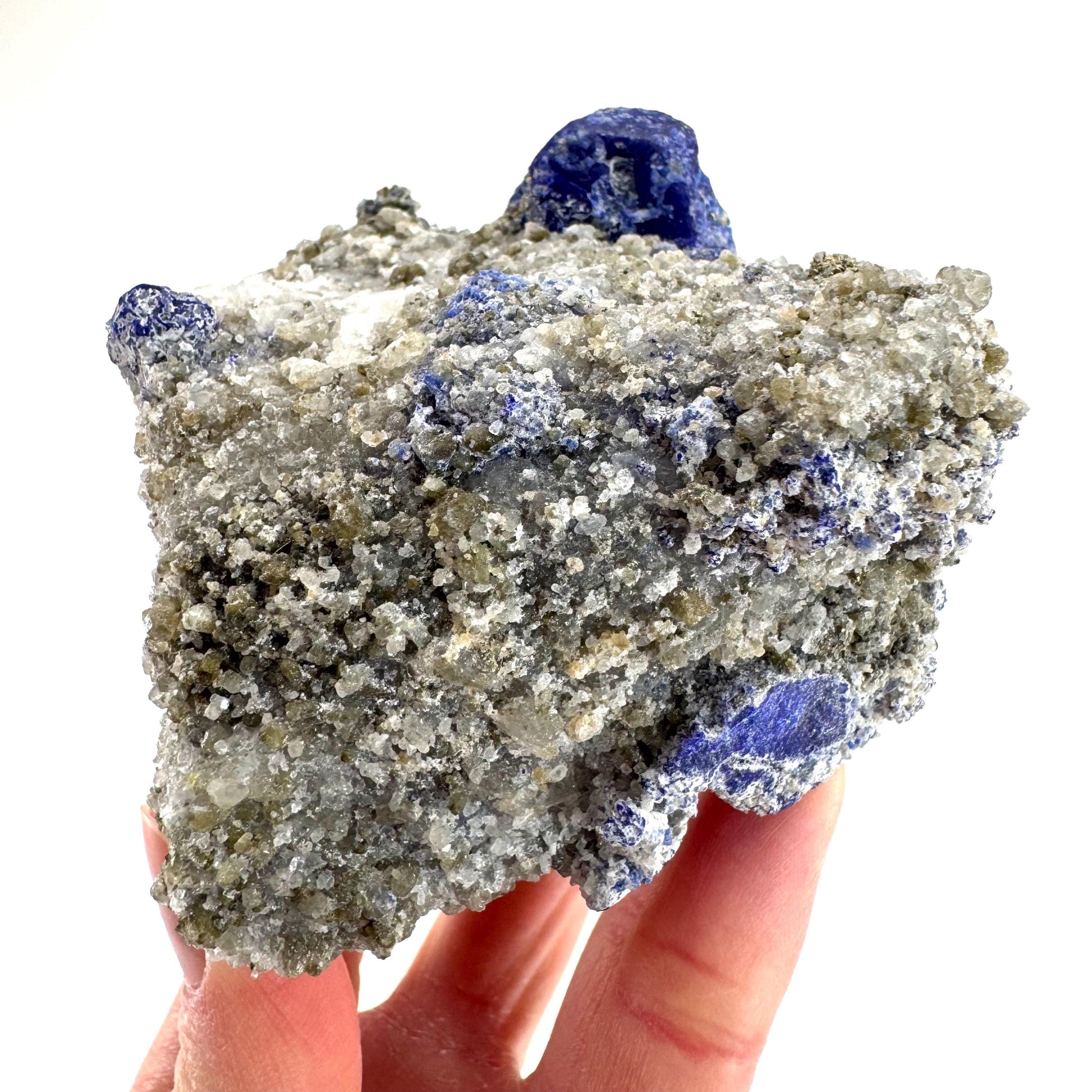 Lazurite & Pyrite on Calcite | blue crystal cluster, natural mineral specimen