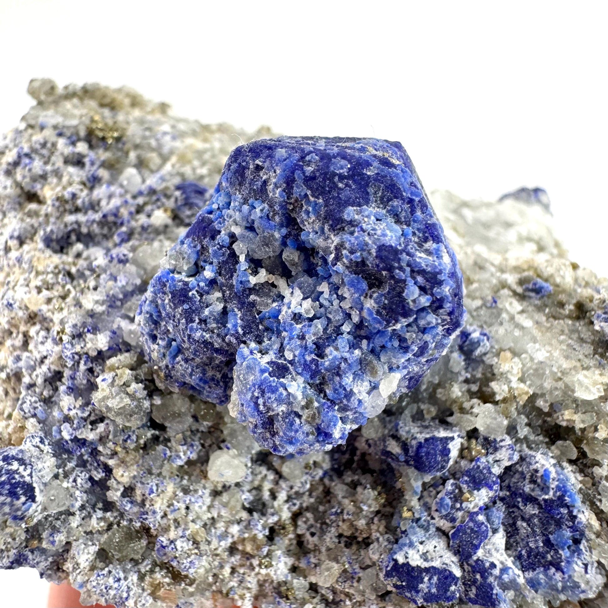 Lazurite & Pyrite on Calcite | blue crystal cluster, natural mineral specimen